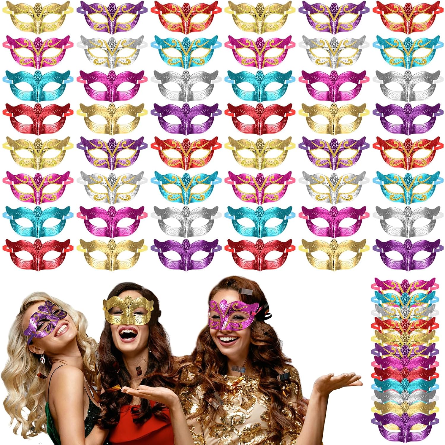 VioraWhite 60 Pack Multicolored Masquerade Mask Gold Shining Plated Mardi Gras Mask for Purim Mardi Gras Wedding Party