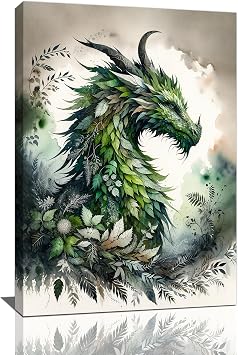 Dragon Wall Art Green Dragon Pictures Wall Decor Green Leaf Canvas Nature Painting Modern Artwork Home Decoration for Bathroom Living Room Bedroom Office Framed 16"x24"