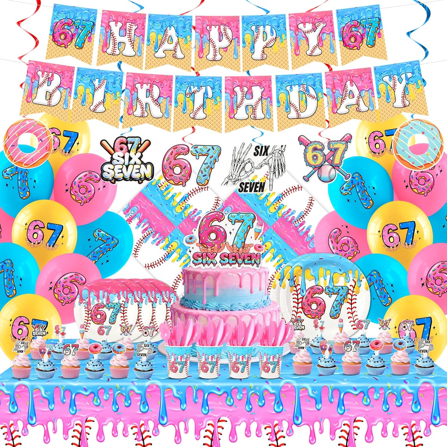 67 Birthday Decorations Party Supplies 191 Pcs 6 7 Meme Themed Set Tableware Plates Cups Cutlery Napkins Tablecloth Banner Backdrop Cake Toppers Balloons Hanging Swirls Six Seven, Serves 20