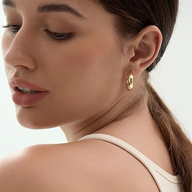 14k Gold Plated 925 Sterling Silver Post Small Chunky Gold Hoop Earrings for Women, Hypoallergenic Lightweight Thick Gold Hoops