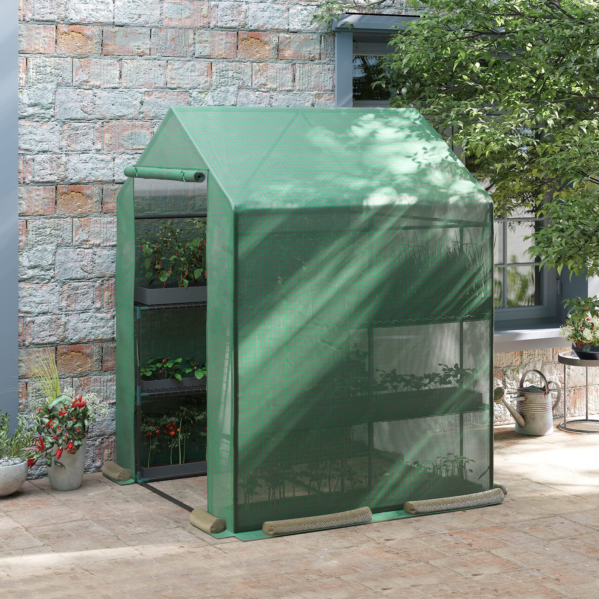 Outsunny Serra da Giardino con Scaffali per Piante, Serra da Balcone con Copertura in PE e Porta Avvolgibile, 143x138x190cm, Verde