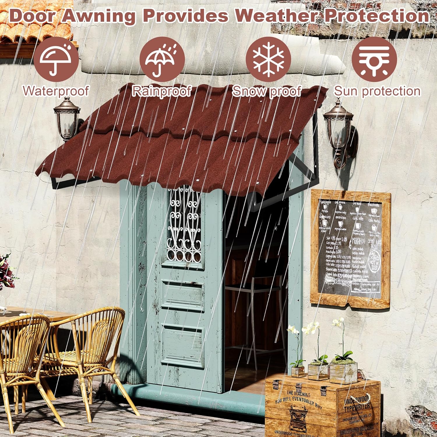 Fixed Metal Awning for Door Entrance 52 in W x 31 in H Triangle Steel Frame with Color Stone Metal Tile Shaped Awning Window Awnings Exterior (Red)