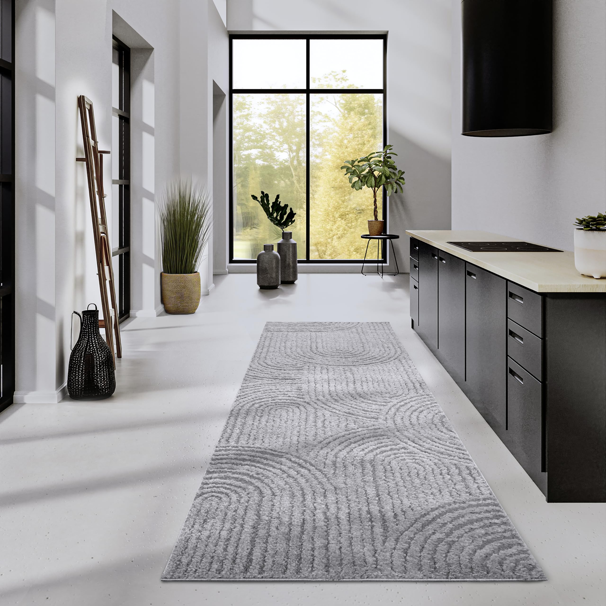The Rugs Unisex Grey Chappe High Pile Rug Runner Soft Geometric Polyester Shaggy Rug In | Size: 80Cm X 240Cm