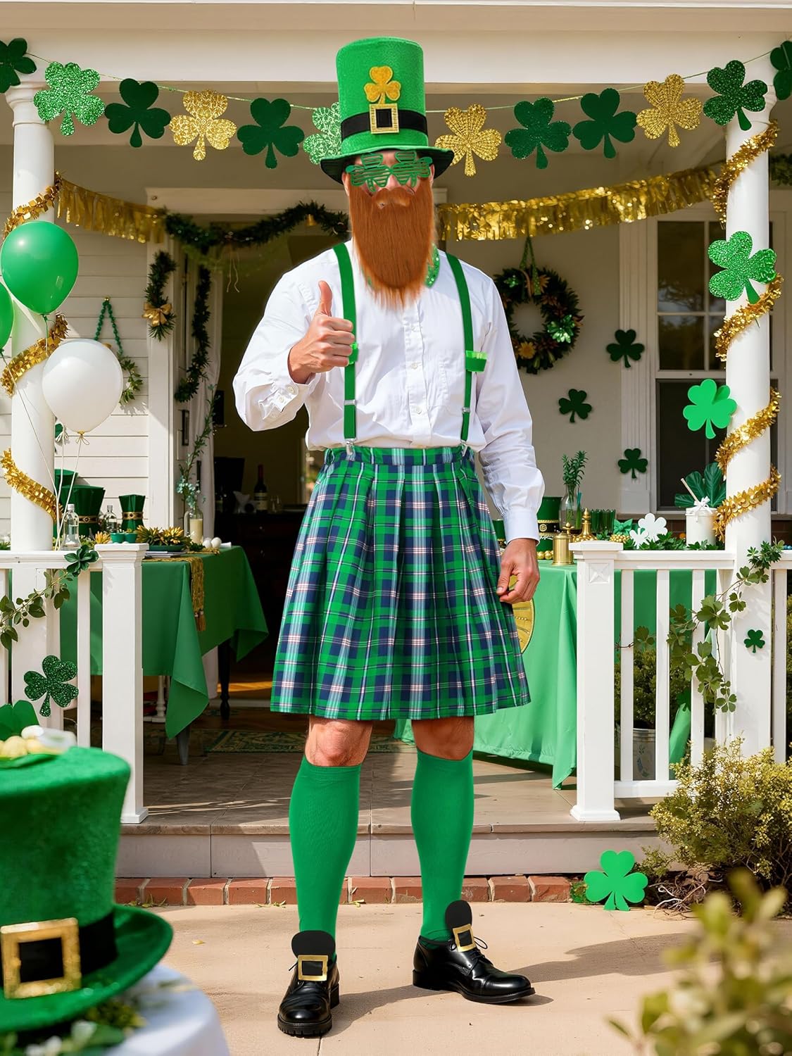 SOMSOC 8PCS St Patricks Day Costume Set Adult Green Plaid Skirt Suspenders Hat Socks Cup Glasses Bow Tie Leprechaun Outfit - Image 7