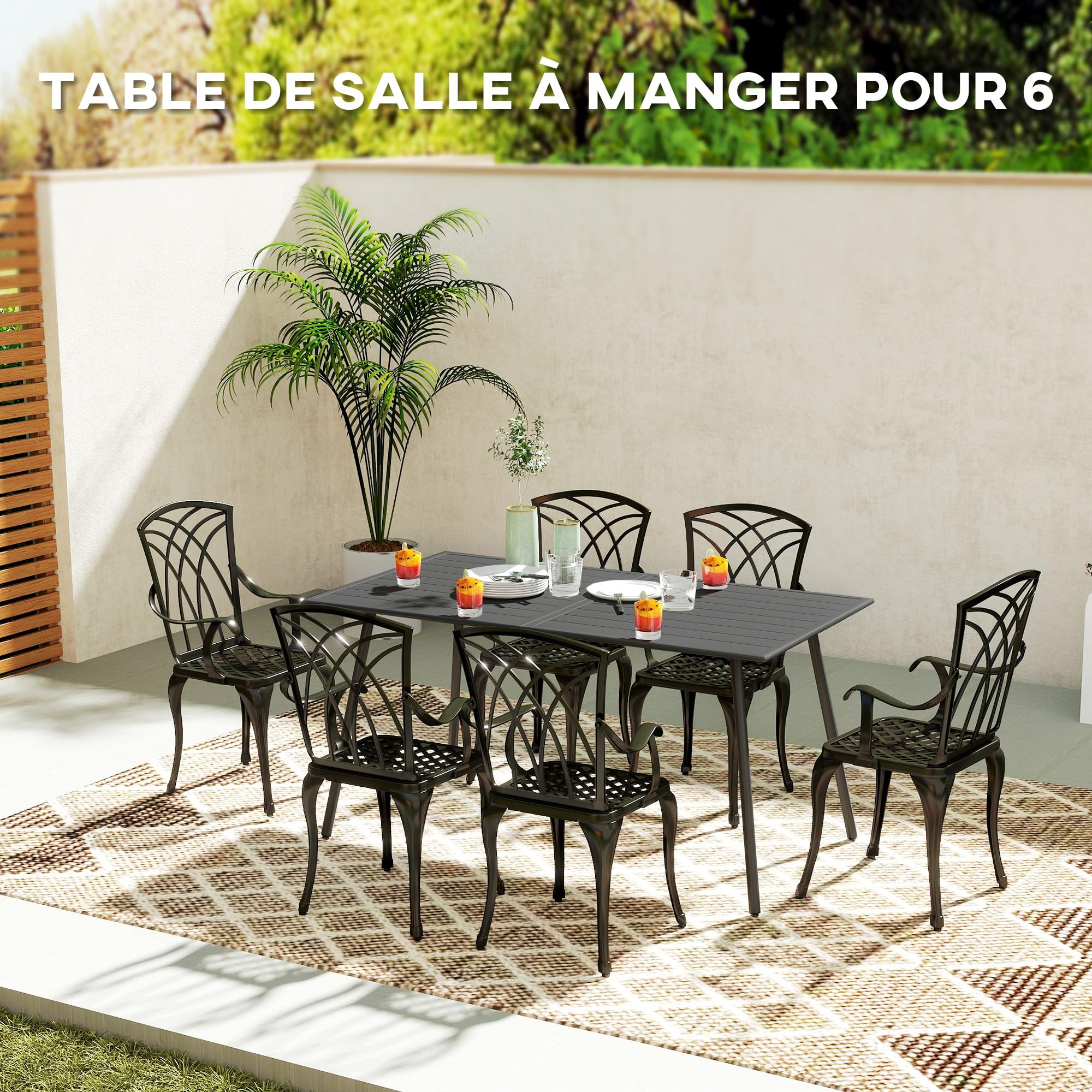 Outsunny Tavolo da pranzo giardino per 6 rettangolare 150x80x74cm Grigio | Tavolo da pranzo da esterno, piano a doghe facile da pulire, telaio in acciaio resistente alla ruggine, terrazza, balcone