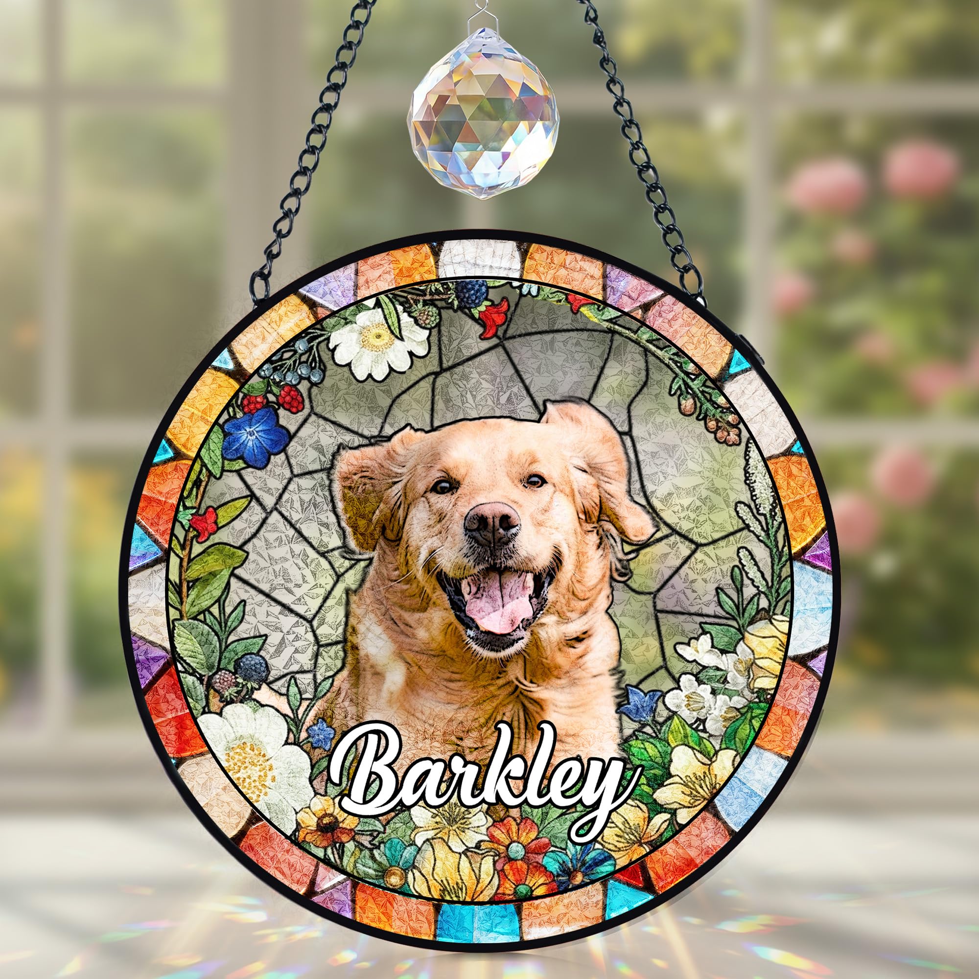 Easycosy Gifts for Dog Personalised Photo Sun Catchers for Windows Stained Glass Hanging Ornaments for Garden Room Home Decor Personalised Anniversary Birthday Memorial Gifts for Dog Mum Dad Lovers