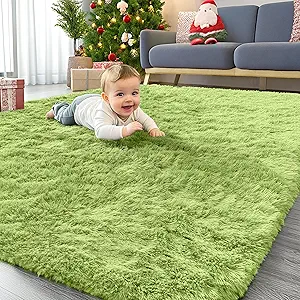 OLANLY Area Rugs for Living Room Bedroom, Machine Washable 4x5.9 ft Soft Fluffy Shaggy Bedside Rug, Indoor Floor Carpet for Kids Girls and Boys, Dorms, Nursery Rooms, Home Decor Aesthetic, Grass Green