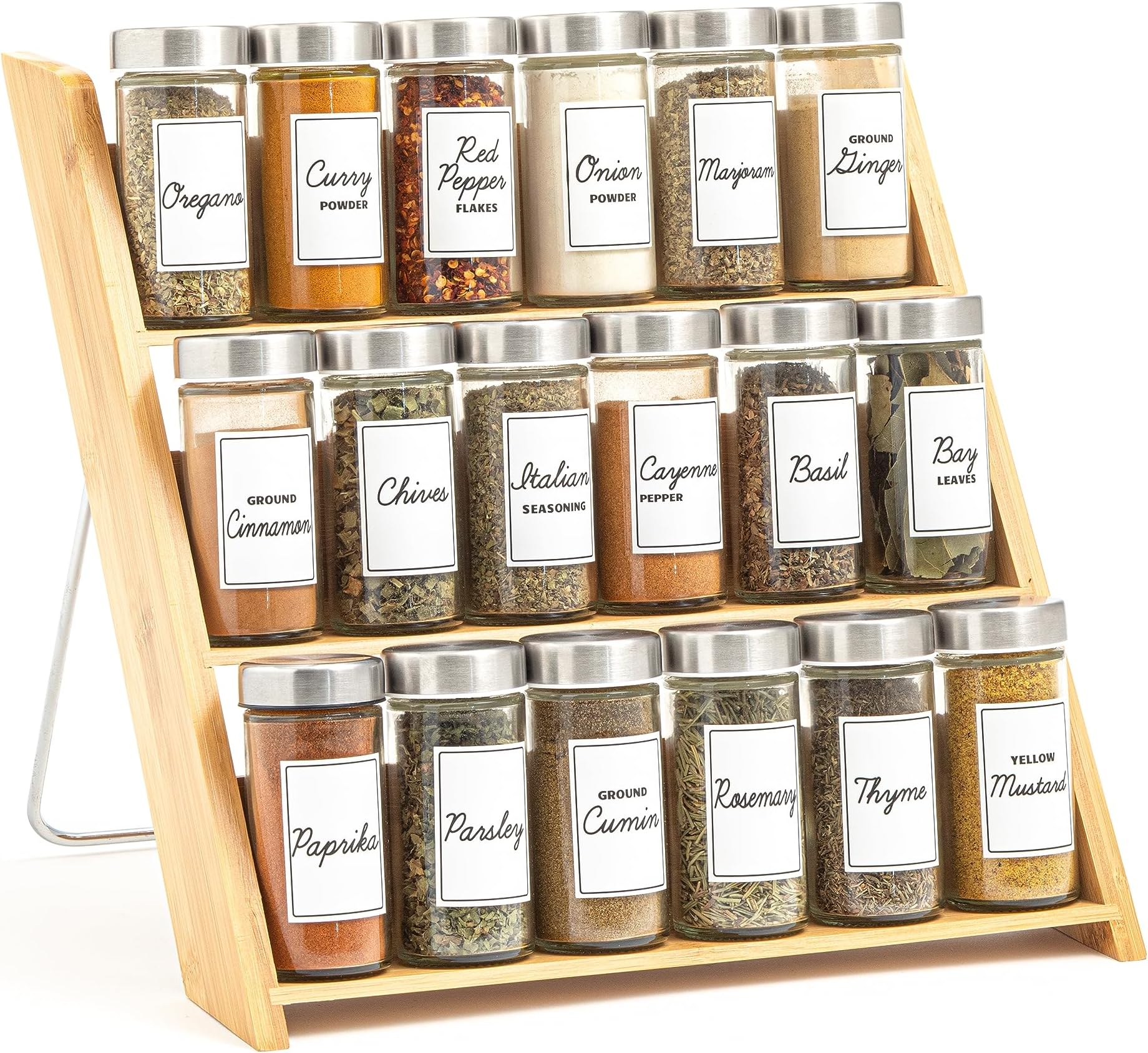 18 Jar Bamboo Compact Spice Rack with Spices Included & 5-Year Free Spice Refill Program for Countertop or Kitchen Drawer with Glass Jars