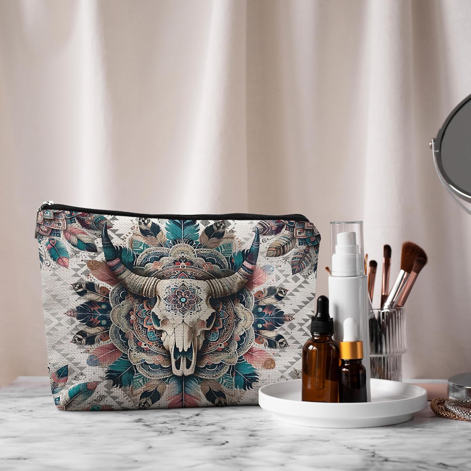 Boho Western Makeup Bag, Western Bull Skull Aztec Cosmetic Bag Toiletry Bag, Western Gifts for Women, Cowgirl Gifts, Country Girl Gifts, Western Stuff for Women, Western Makeup Pouch - Image 3