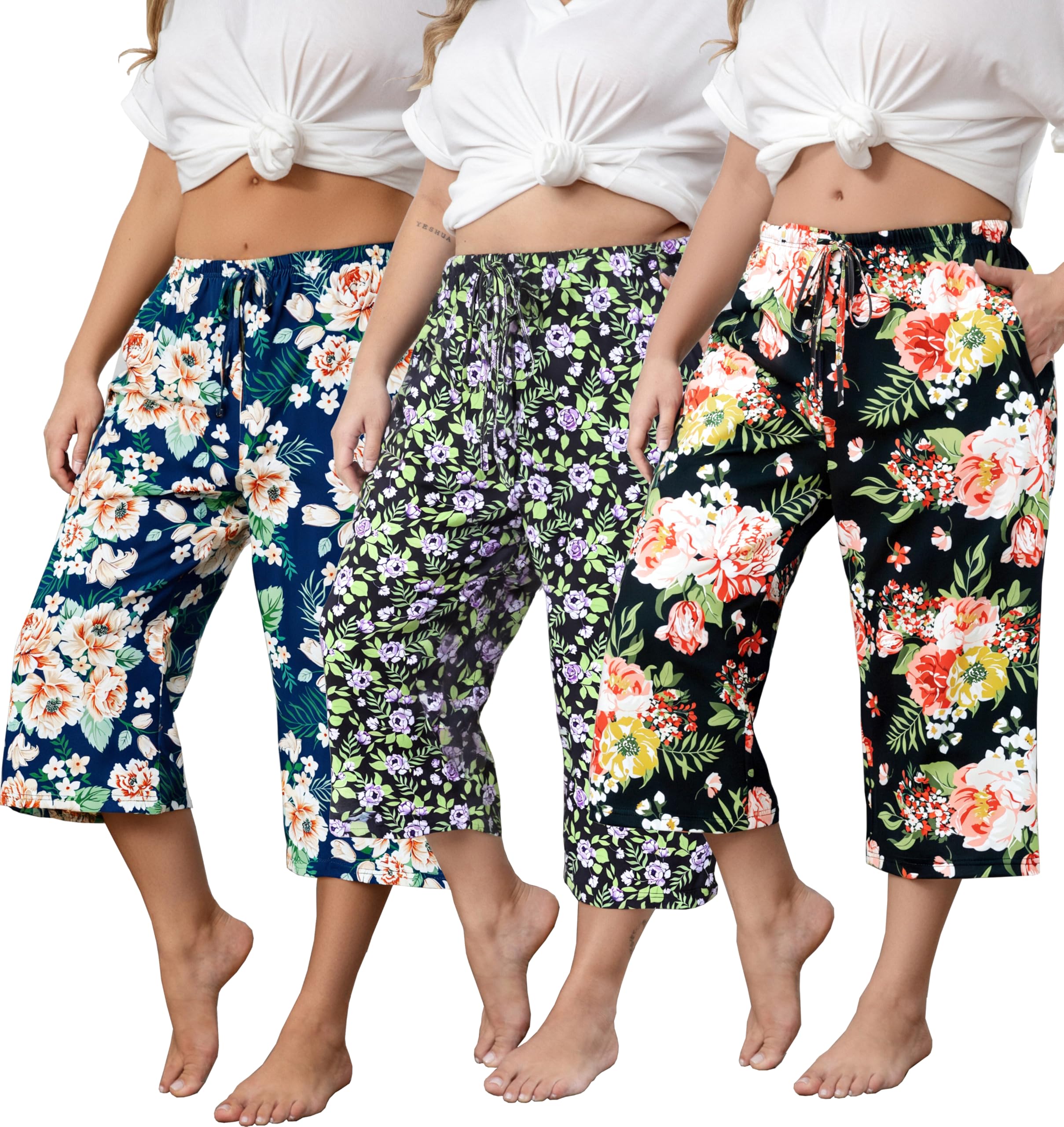 Vozanet 3 Pack Women Plus Size Capri Pajama Pants Sets Drawstring Pj Bottoms Casual Lounge with Pockets XL to 5XL
