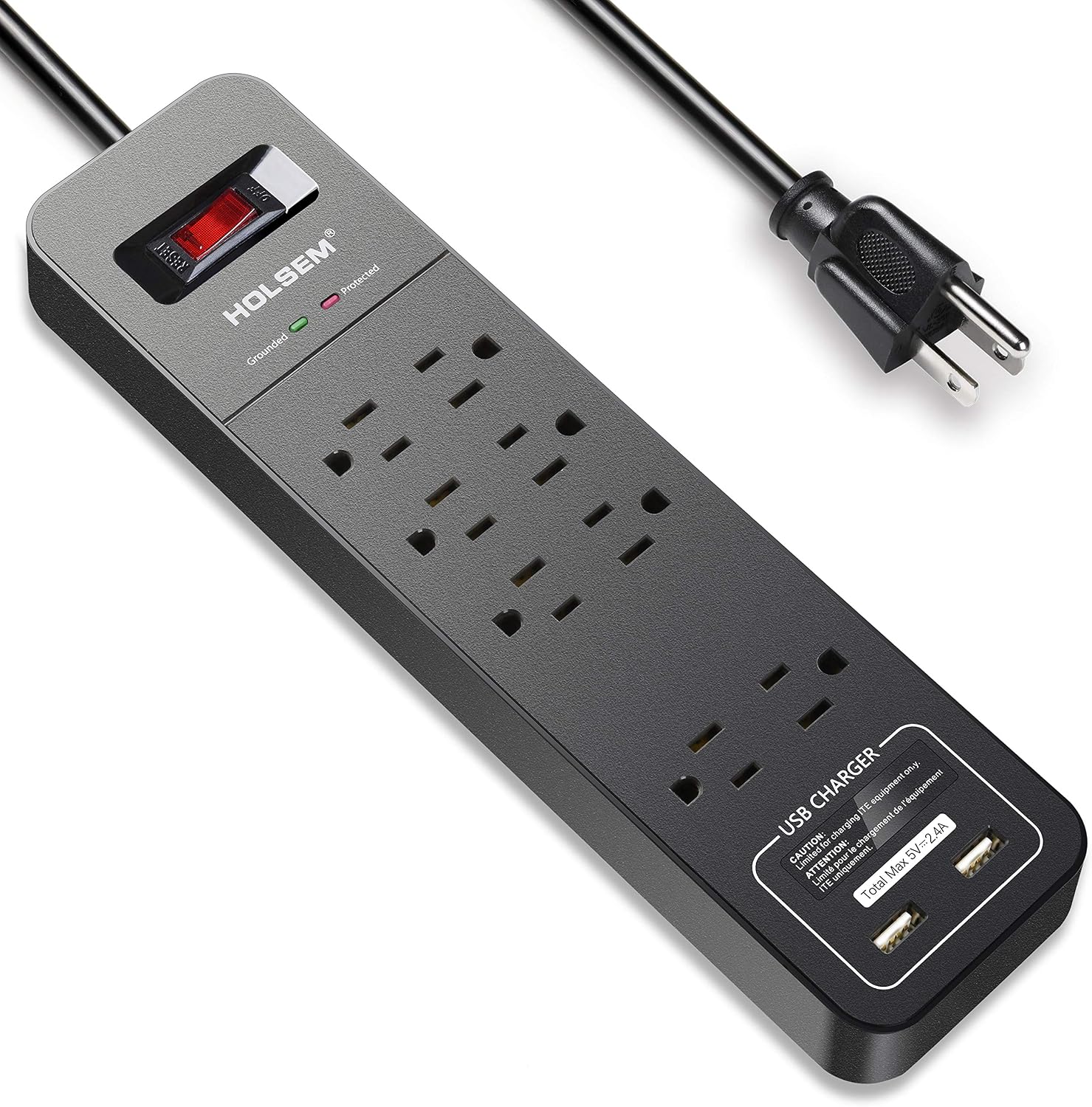 HOLSEM Power Strip Surge Protector 8 Outlets & 2 Smart USB Charging Ports (5V/2.4A), 6' Heavy Duty Extension Cord, USB Outlet for Home & Office Charging Station,Black