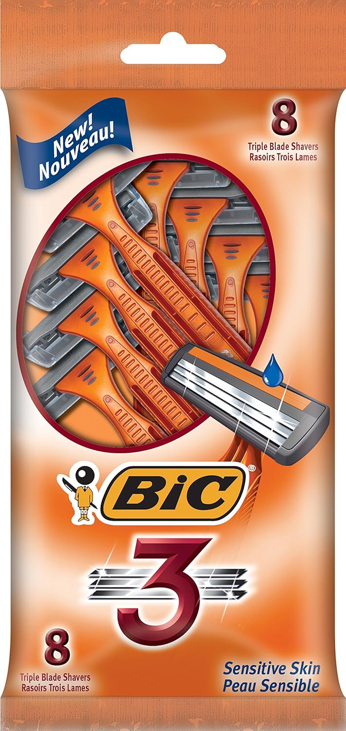 BIC Men's Sensitive Skin Razor, 3-Blade, 8-count, With Aloe and Vitamin ...