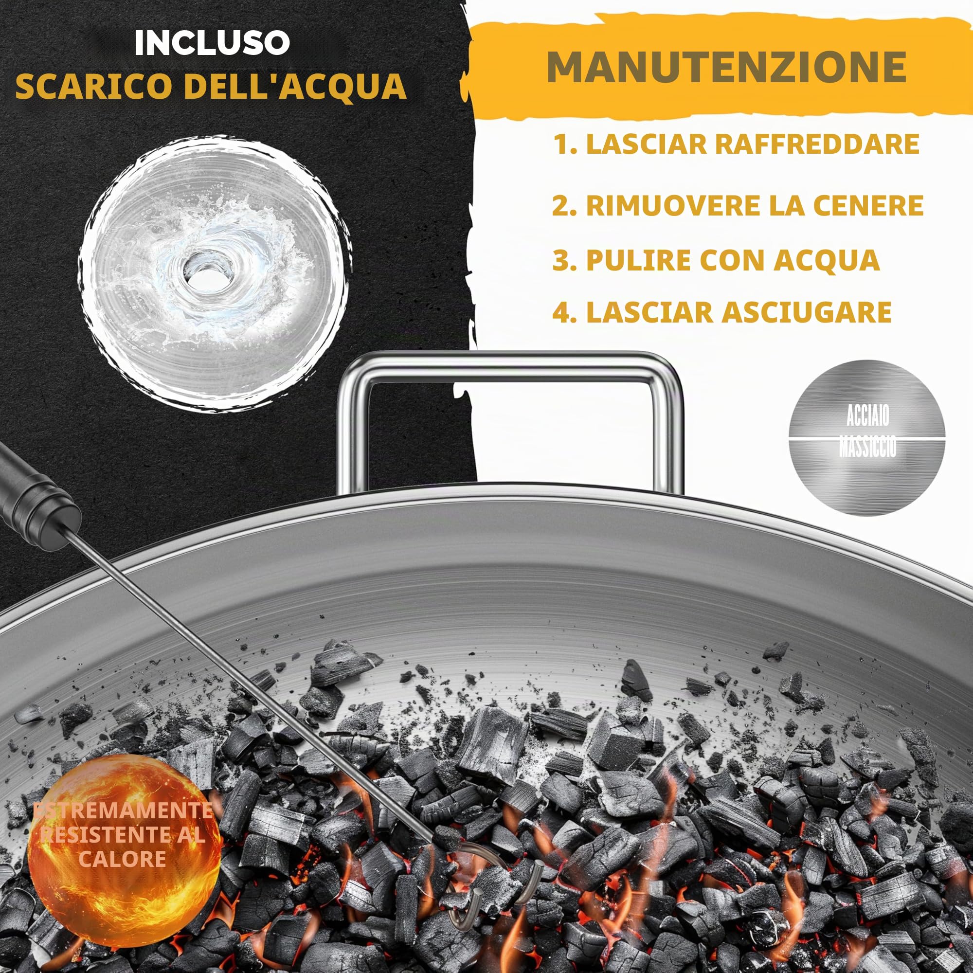KESSER Braciere da 2,5 mm di spessore, in acciaio legato, Ø 80 cm, braciere con gancio da 42 cm, scarico dell'acqua in ghisa e 2 maniglie stabili, braciere per camino in legno e carbone, per giardino