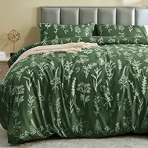 MUXHOMO Duvet Cover Queen Size, Reversible Floral Dark Green Duvet Cover Set with Zipper Closure, 3 Pieces Botanical Patterns Soft Microfiber Bedding Set with 4 Ties (90"x90", 2 Pillow Cases)