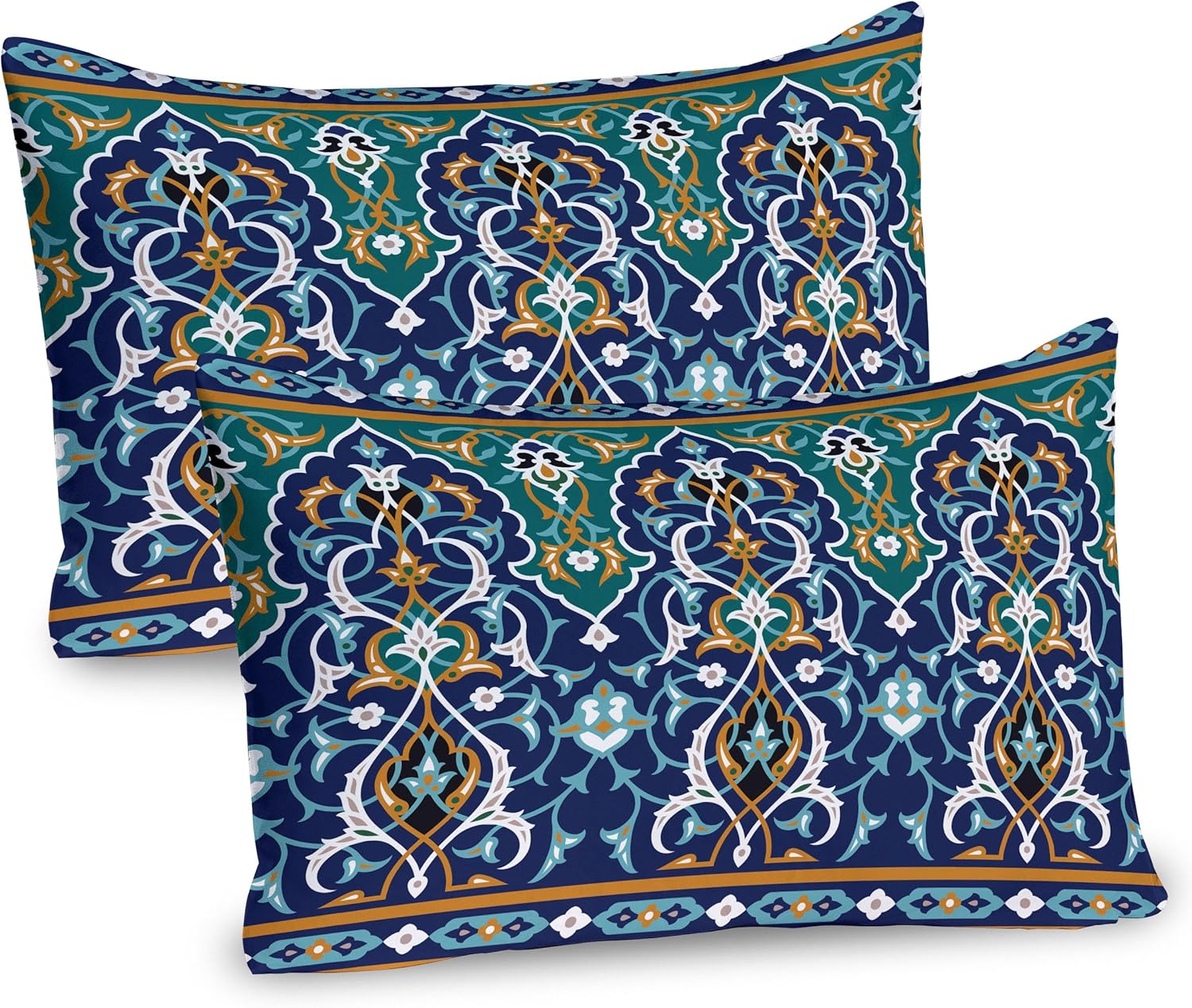 Ambesonne Moroccan Pillow Sham Set of 2, Oriental Petals Hippie Vintage Mosaic Design, Quality Microfiber Bedding Item for All Seasons, 30" x 20", Blue Mustard