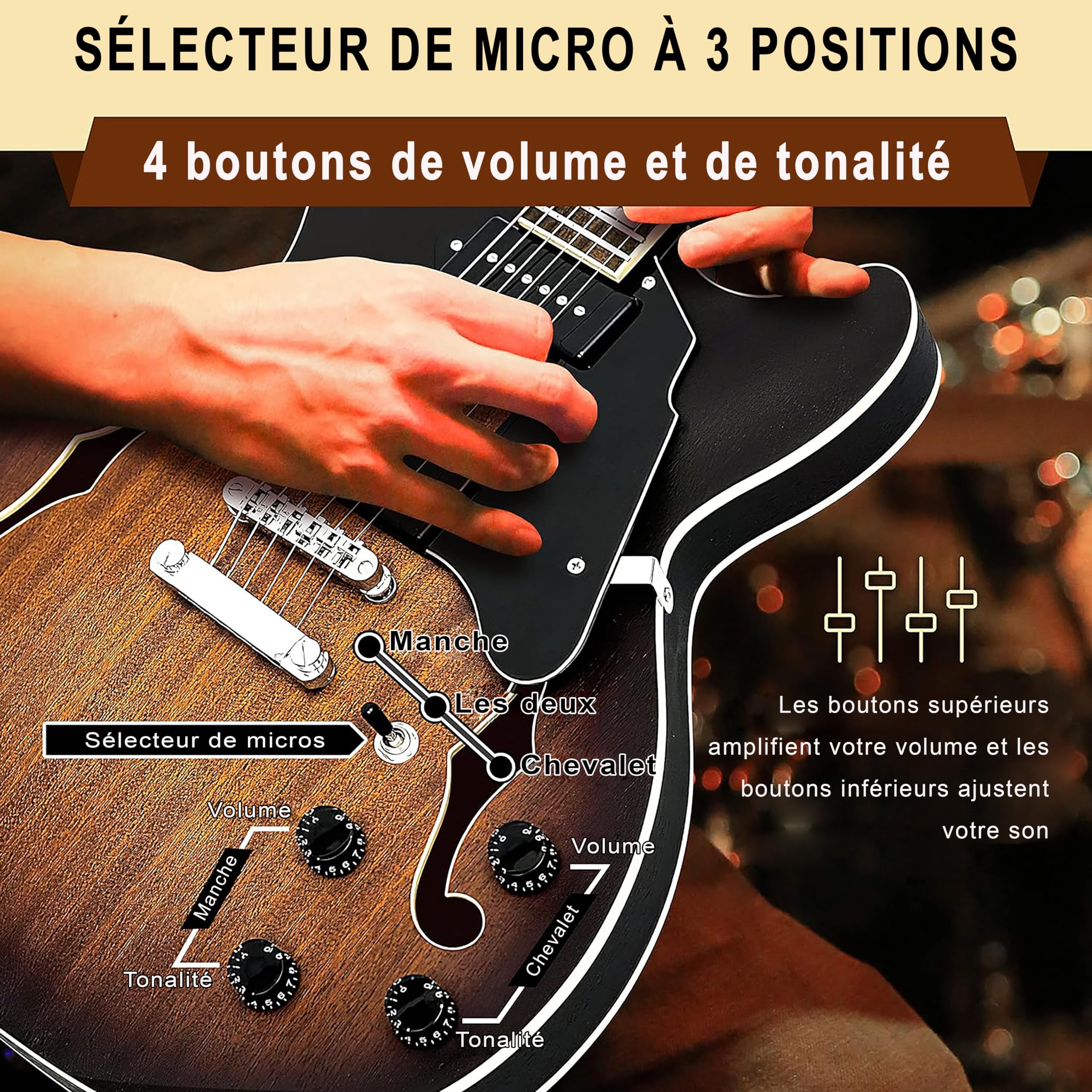 Pyle Guitare Electrique à Corps Semi-creux - Guitare- Kit Instrument Jazz Taille Complète de 106 cm avec Housse de Transport, Finition Mate et Sunburst