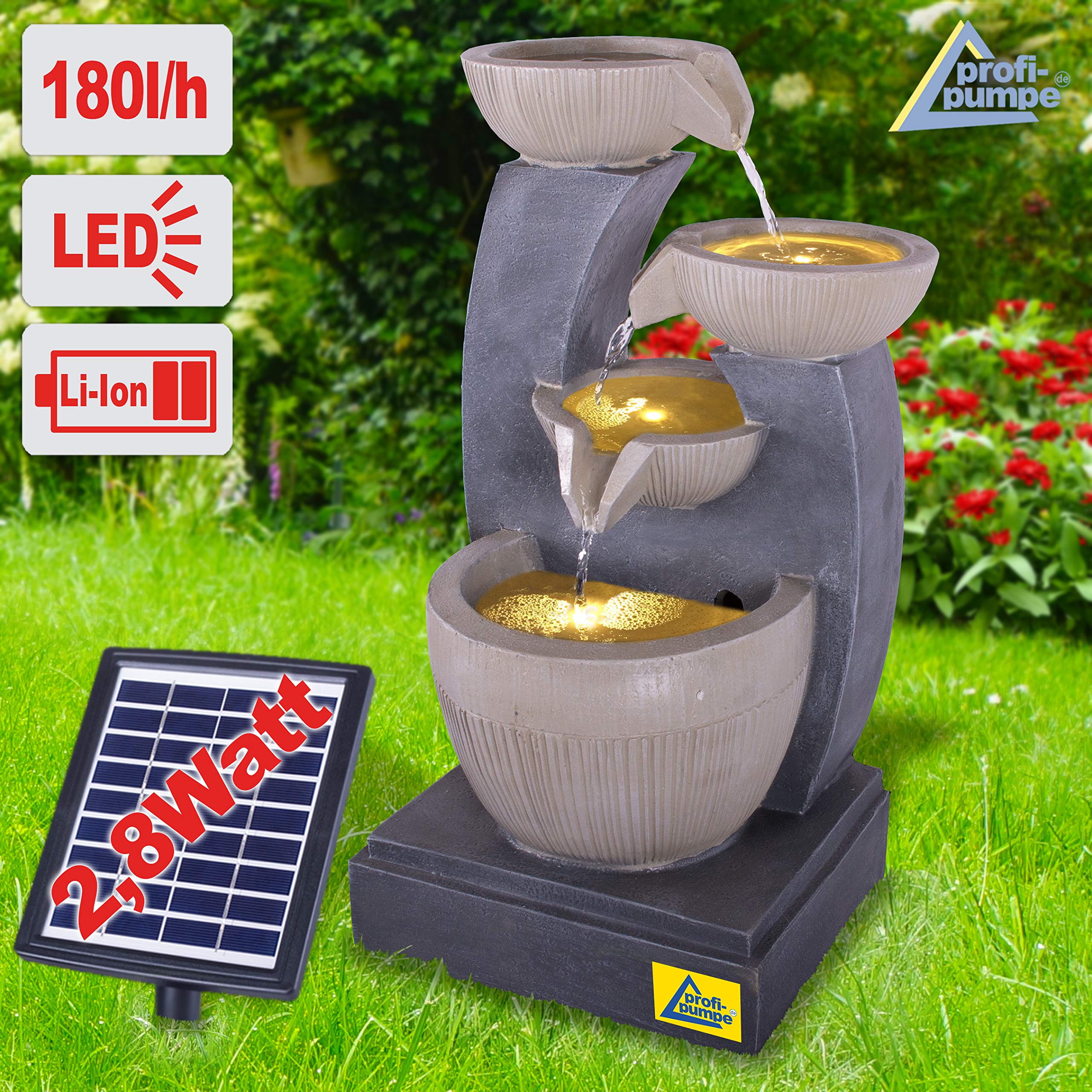 Fuente Solar para jardín Fuente Fuente Solar Feng-Shui Fuente Decorativa Cascada luz de jardín Bomba de Estanque para terraza, balcón, con Bombas, con batería de Iones de Litio y luz LED