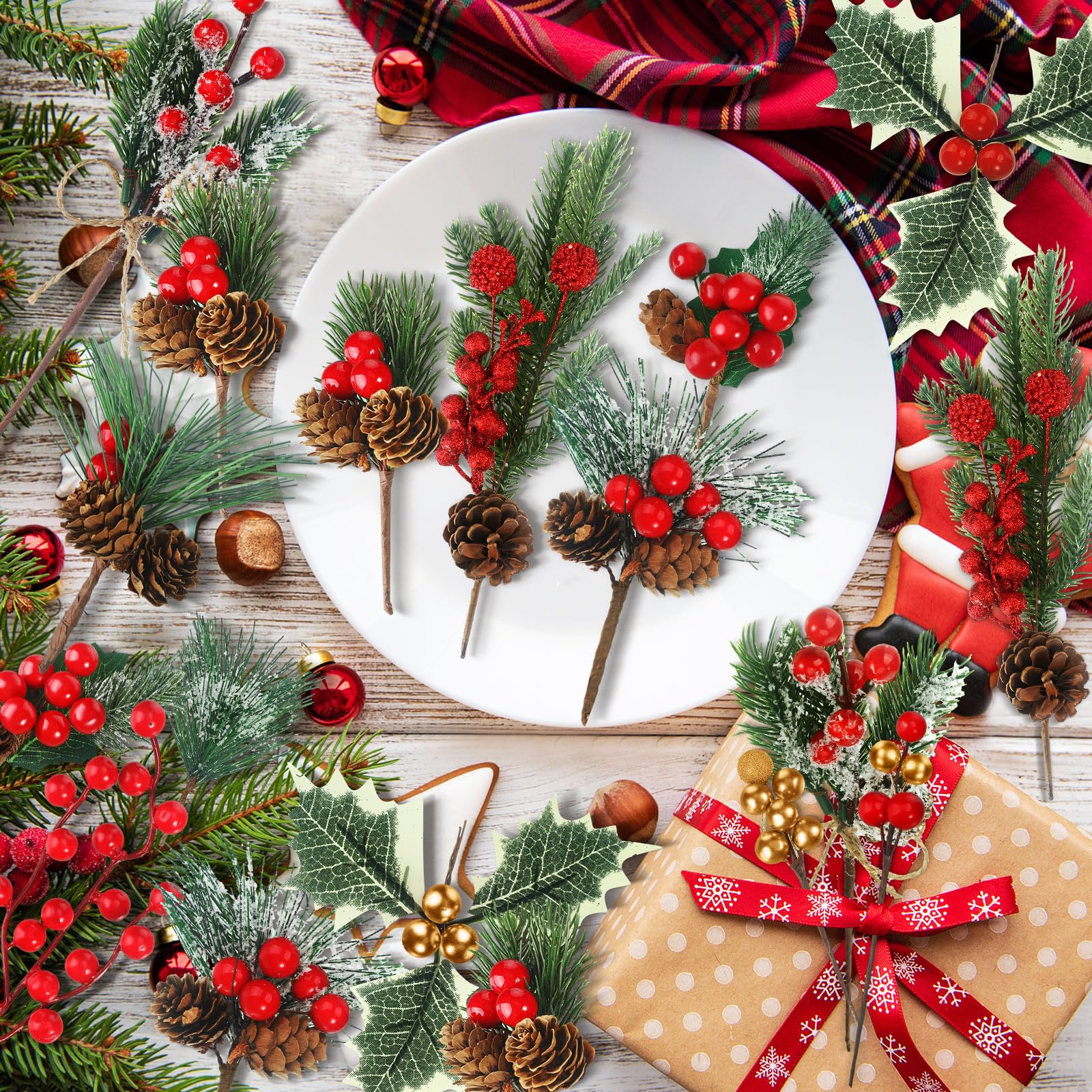 42 Pcs Christmas Floral Picks Artificial Christmas Berry Stems Assorted Pine Cone Picks Christmas Tree Picks Leaves Branch Berry Twigs for Christmas Tree DIY Crafts Wreath Garland Decoration