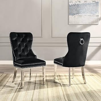 Dining Chair Set of 2, Modern Luxury Dining Room Chairs, Velvet Black Dining Chairs with Silver Wingback and Stainless Steel Legs,High Back Armless Side Chair Dining Chairs