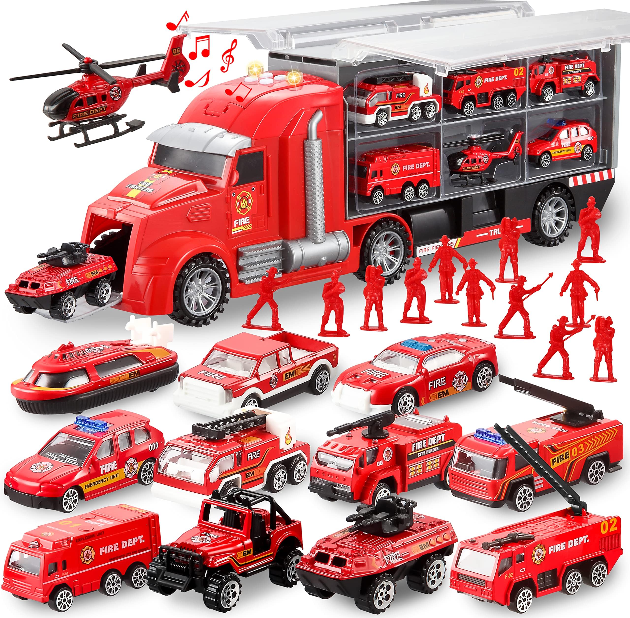 JOYIN 25 in 1 Die-cast Fire Truck Vehicle Toy Set with Sounds and Lights, Fire Engine Vehicles in Carrier Truck, Mini Rescue Emergency Fire Truck Car Toy, Birthday Gifts for Over 3 Years Old Boys