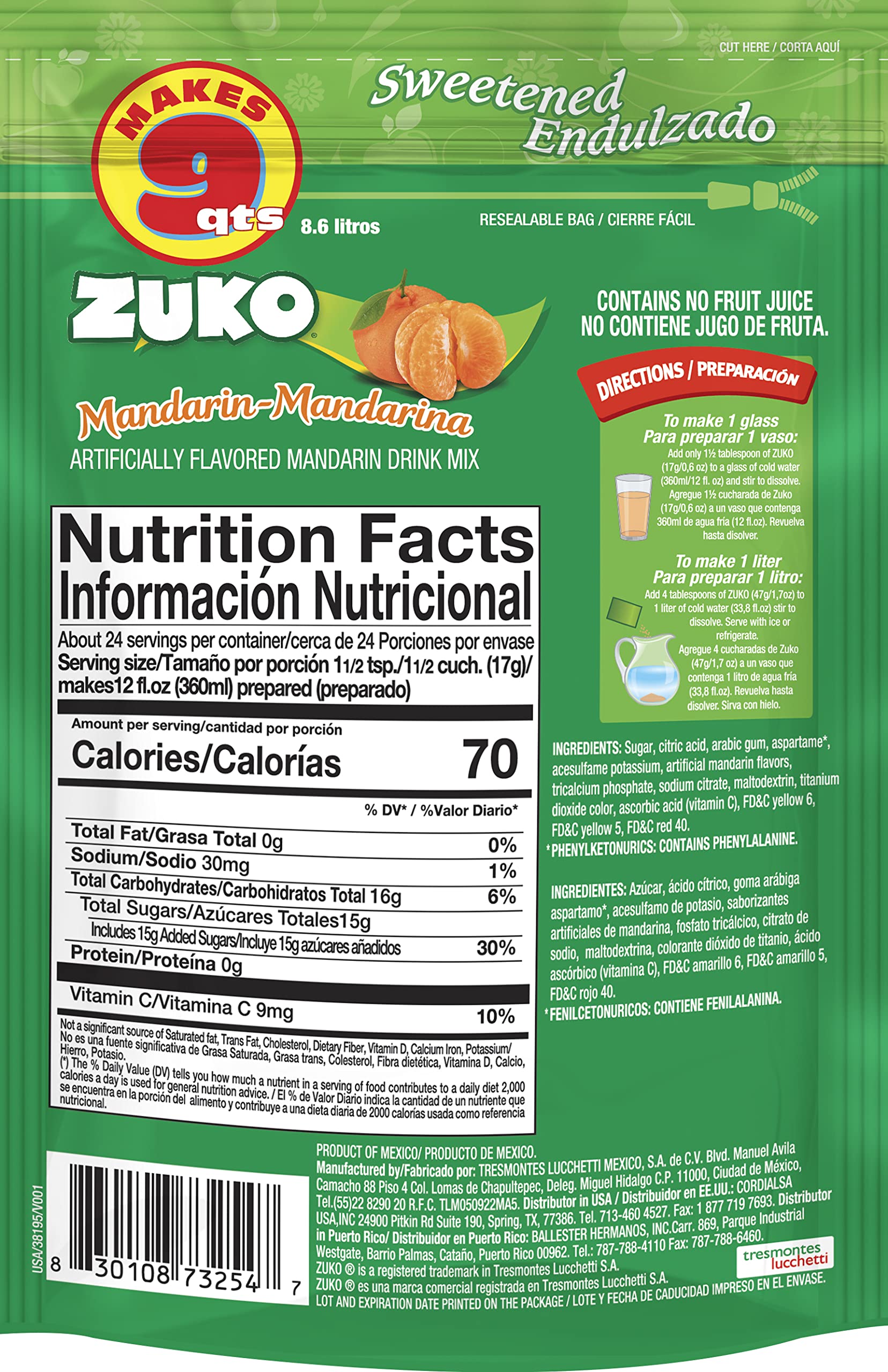 Zuko Mandarin Powdered Drink Mix Family Pack, No Added Sugar Needed, 14.1 oz (Pack of 6)