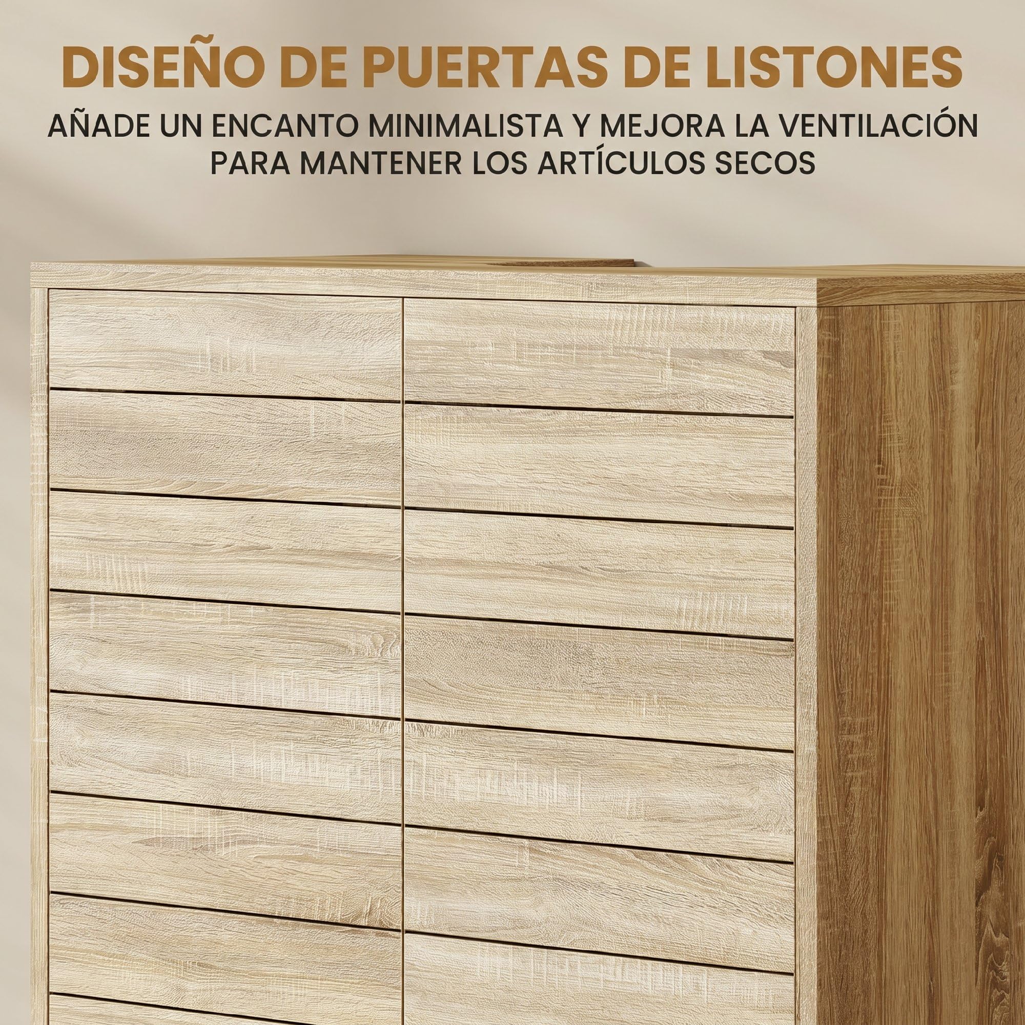 HOMCOM Mueble Bajo Lavabo, Mueble de Baño con Estante Ajustable, Puertas de Listones y Apertura por Presión, para Lavabo con Pedestal o Pared, 60x30x60 cm, Natural
