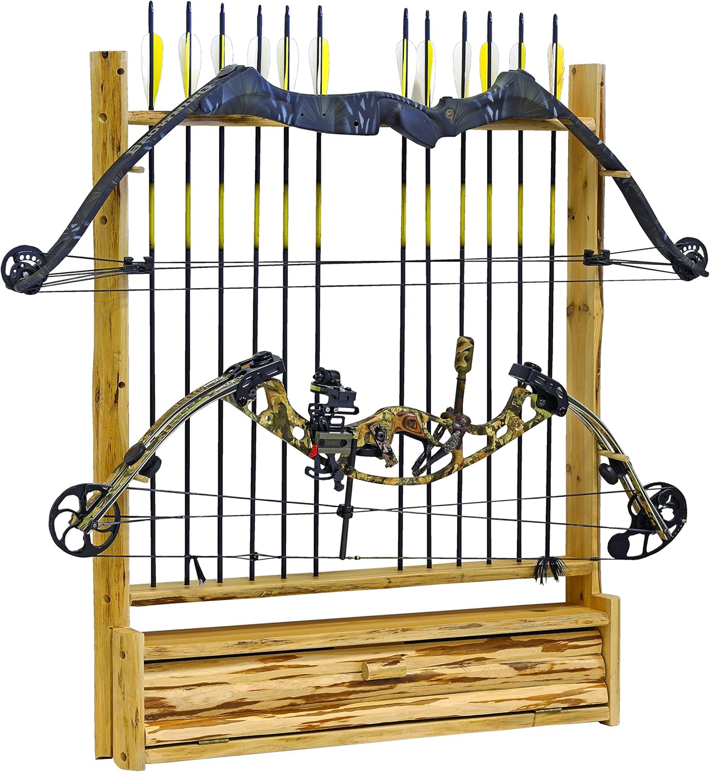 Rush Creek Creations- Rustic 2 Compound Bow Holder Archery, 12 Arrow Holder Wall Mount Storage, Bow Rack Wall Display with Accessories Compartment, Handcrafted, Durable Material, 39"L x 31.5"W x 5.3"D