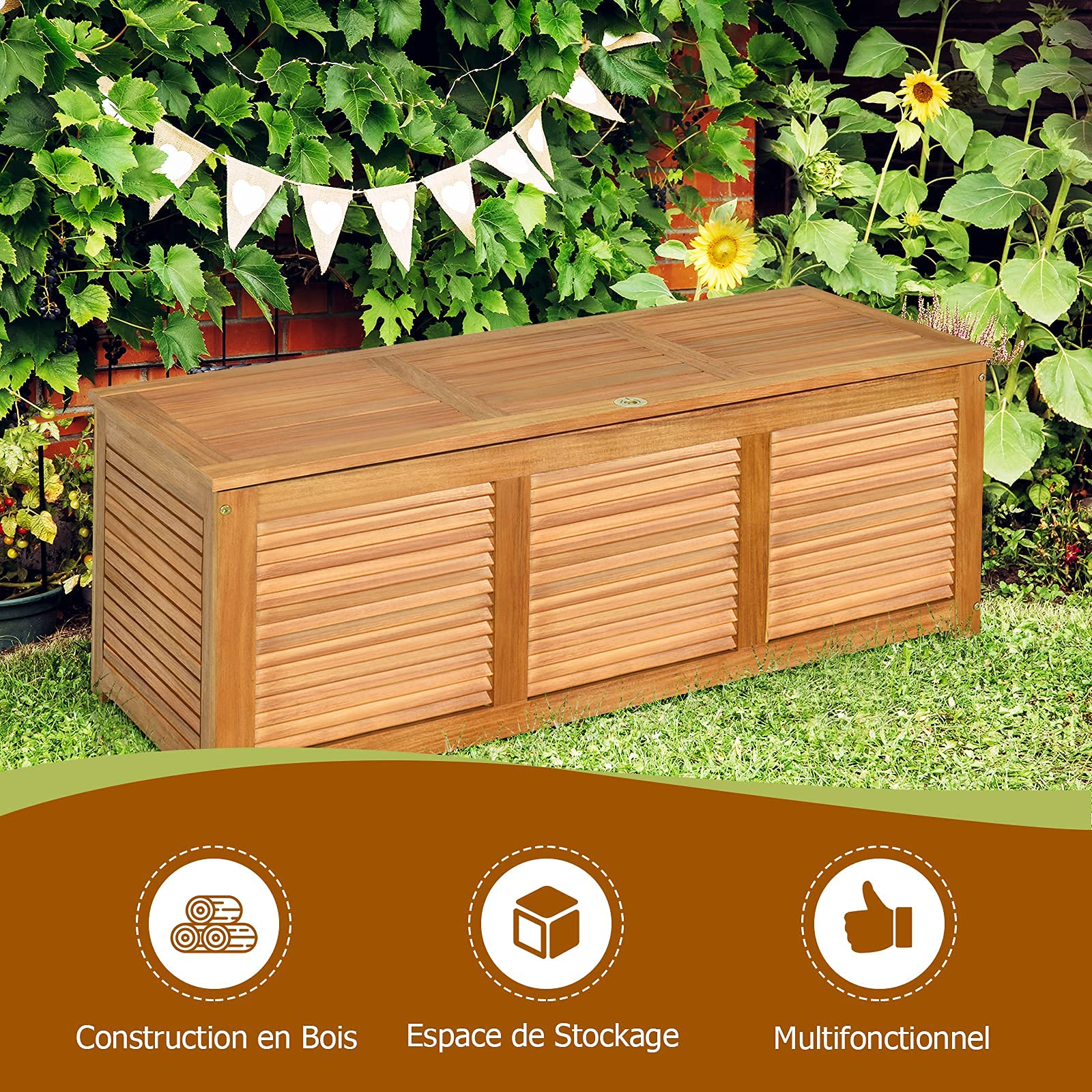 DREAMADE Coffre de Rangement en Bois avec charnières en métal 120X45X45CM pour Stockage d'Outils et Jouets, Charge Max. 150KG comme Banc et Table d'Appoint