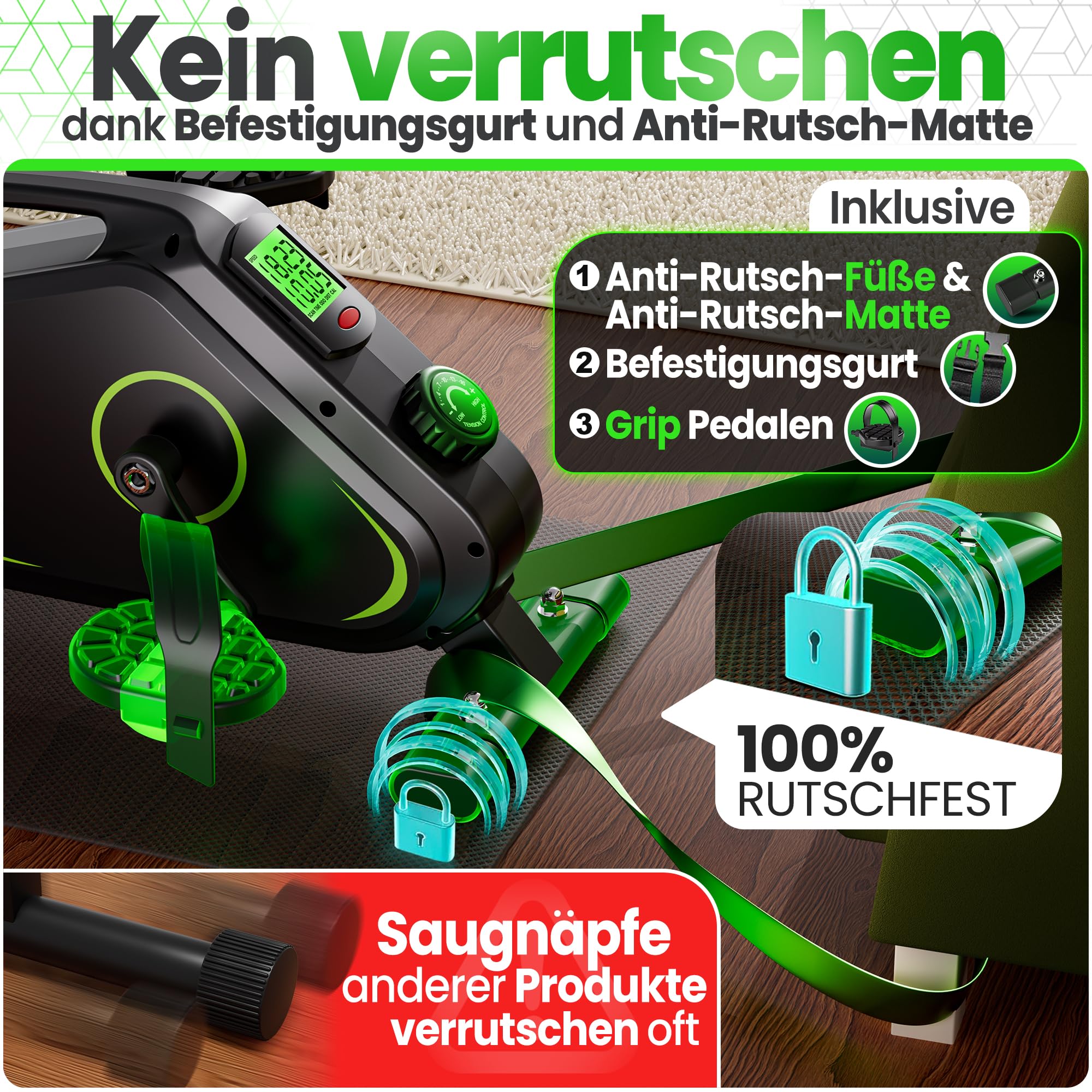 Ultrasport Pedaltrainer für Zuhause 16 Stufen inkl. Antirutsch-Matte und Gurt I CE Zertifiziert, Extraleiser Arm- und Beintrainer im Sitzen I Deskbike, Schreibtisch Fahrrad, Grün