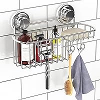 HASKO Stainless Steel Suction Cup Shower Caddy Basket with Soap Holder & Hooks - Rust-Resistant Chrome Bathroom Organizer