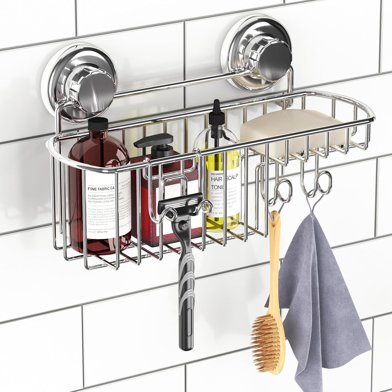 HASKO Suction Cup Shower Caddy Basket for Shampoo Shower Suction Shelf Organizer Basket with Soap Holder and Hooks