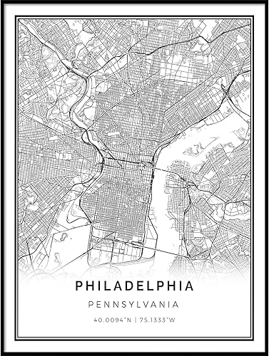 Squareious Póster de mapa de Filadelfia  Arte moderno de pared en blanco y negro  Decoración escandinava para el hogar  Impresiones de arte de la