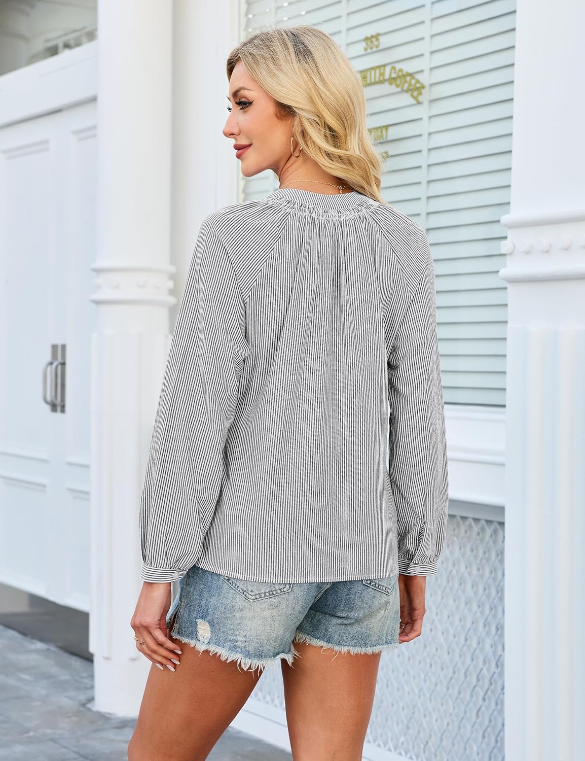 Blooming Jelly Womens Striped Button Down Shirt V Neck Long Sleeve Cotton Blouse Business Casual Trendy Fashion Work Tops - Image 3