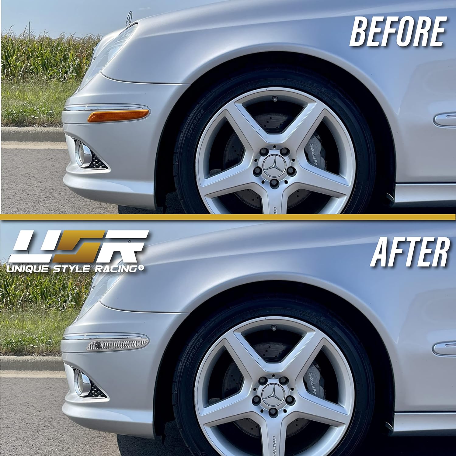 USR 07-09 W211 Side Marker Lights - Front Bumper Sidemarker Lamps (Left + Right) Compatible with 2007-2009 Mercedes Benz E Class W211 E280/E320/E350/E550/AMG E63 (Euro CLEAR Lens, Plug and Play)