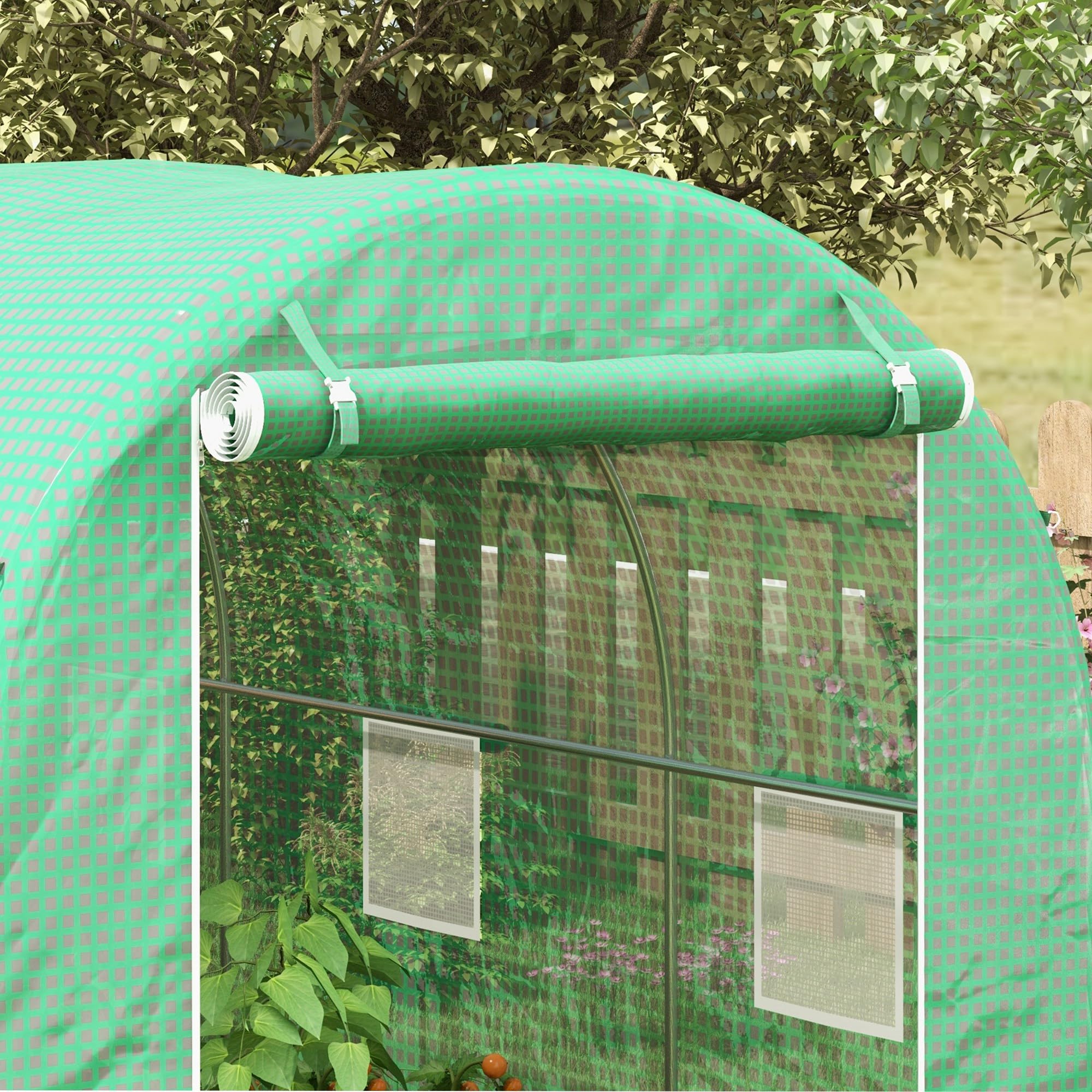 Outsunny Serre de Jardin Tunnel Serre à Tomates 8 m² 4L x 2l x 2,05H m Vert | Châssis Tubulaire Renforcé, Double Porte Zippée, 6 Fenêtres Enroulables
