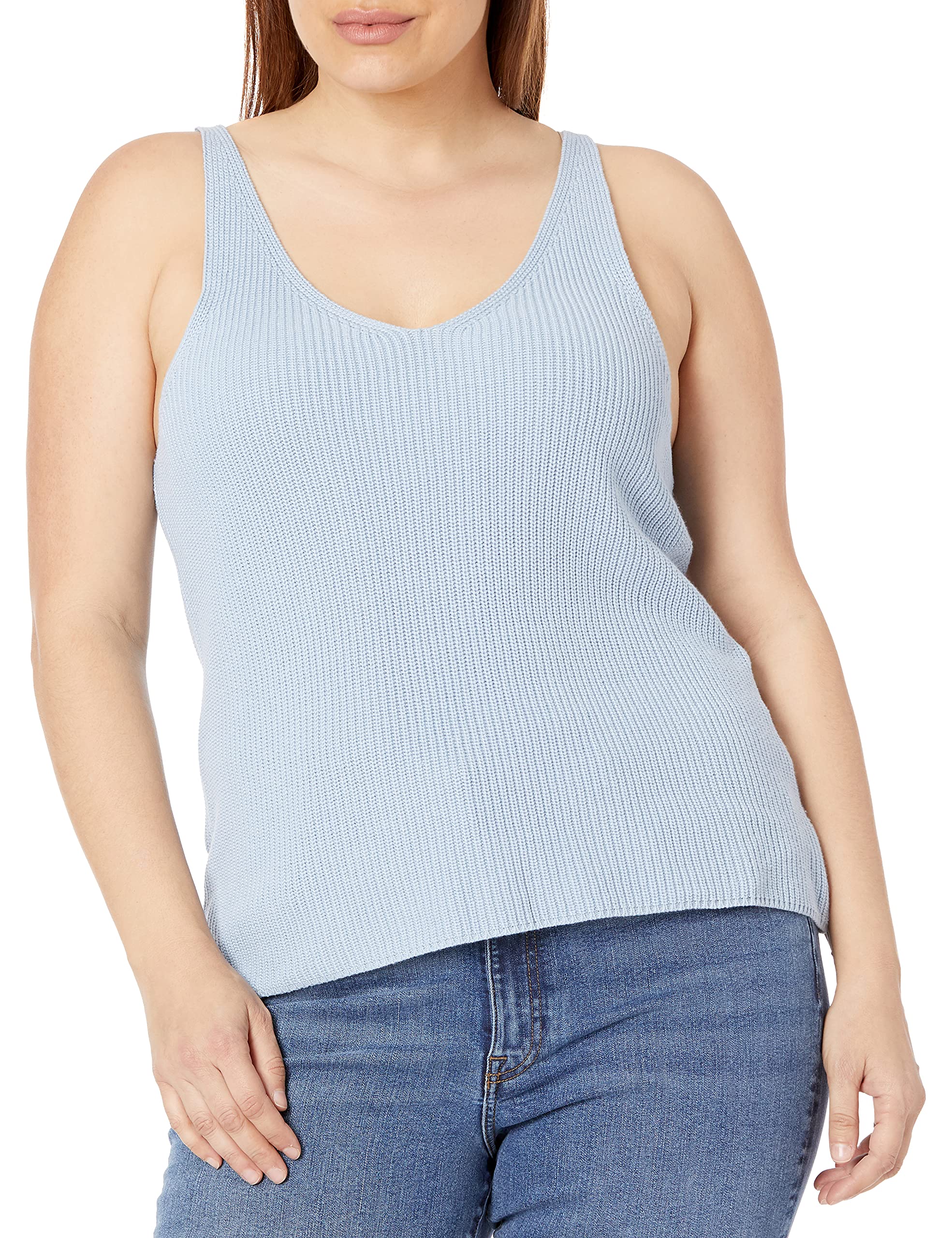 The Drop Women's Claire Double V-Neck Textured Rib Sweater Tank, Fog Blue, L