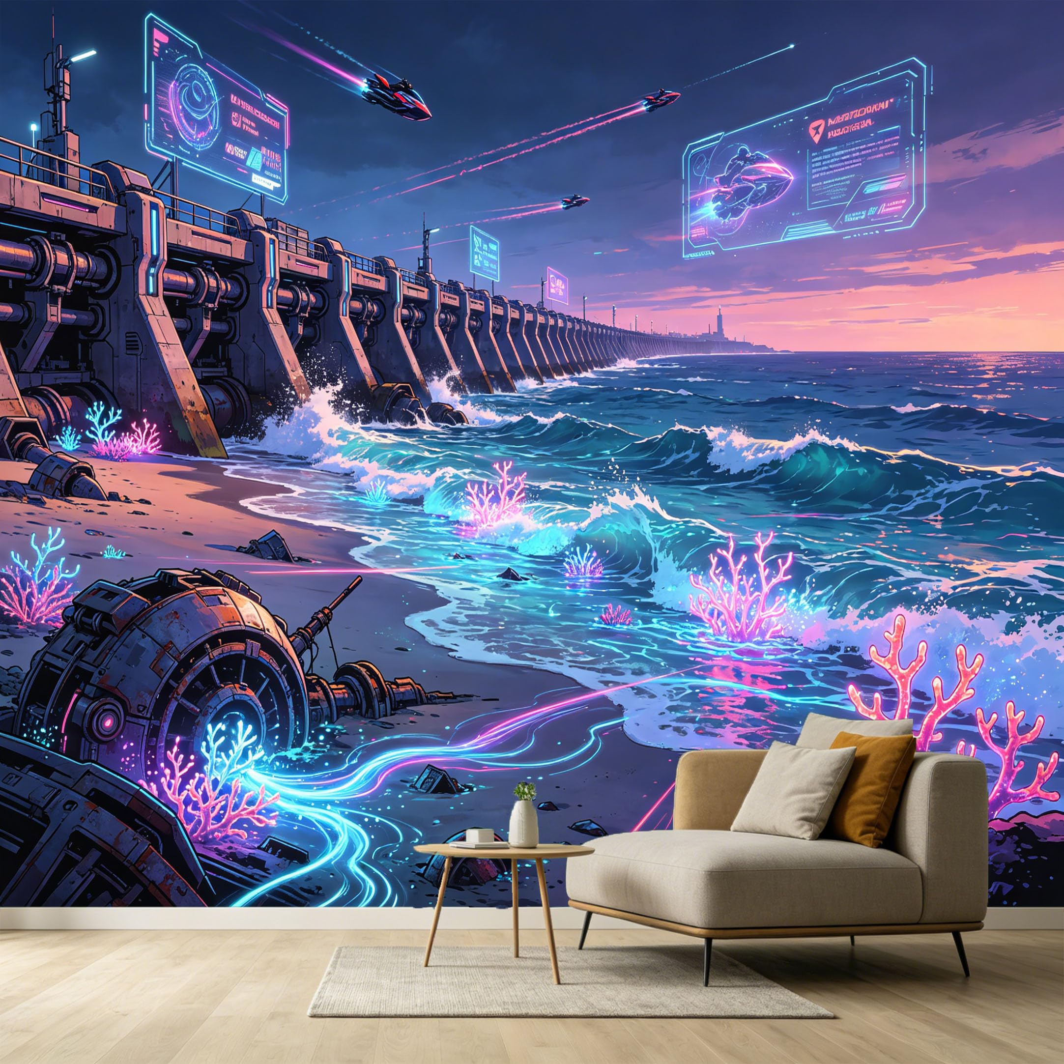 Custom Size Wall Murals Futuristic Cyberpunk Neon Coastal Ocean Landscape 3D Technology Digital Art SelfAdhesive Wall Fabric Removable Large Wallpaper for Photo Living Room