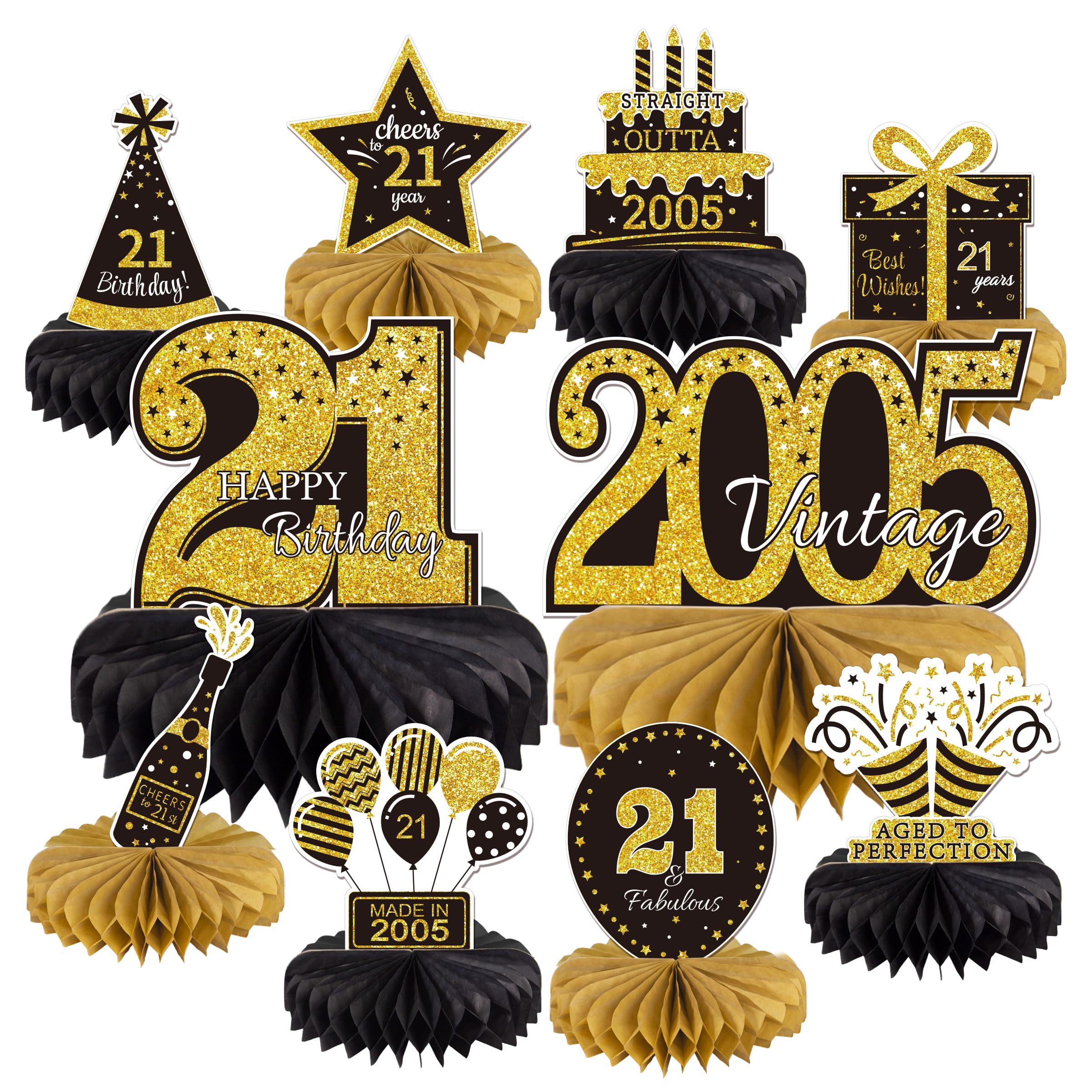 10PCS 21st Birthday Decorations Centerpieces for Table Decorations, 2026 Vintage 2005 Honeycomb Table Topper Back in 2005 Birthday Party Decoration for Men and Women (Gold &amp; Black, 21 Years)