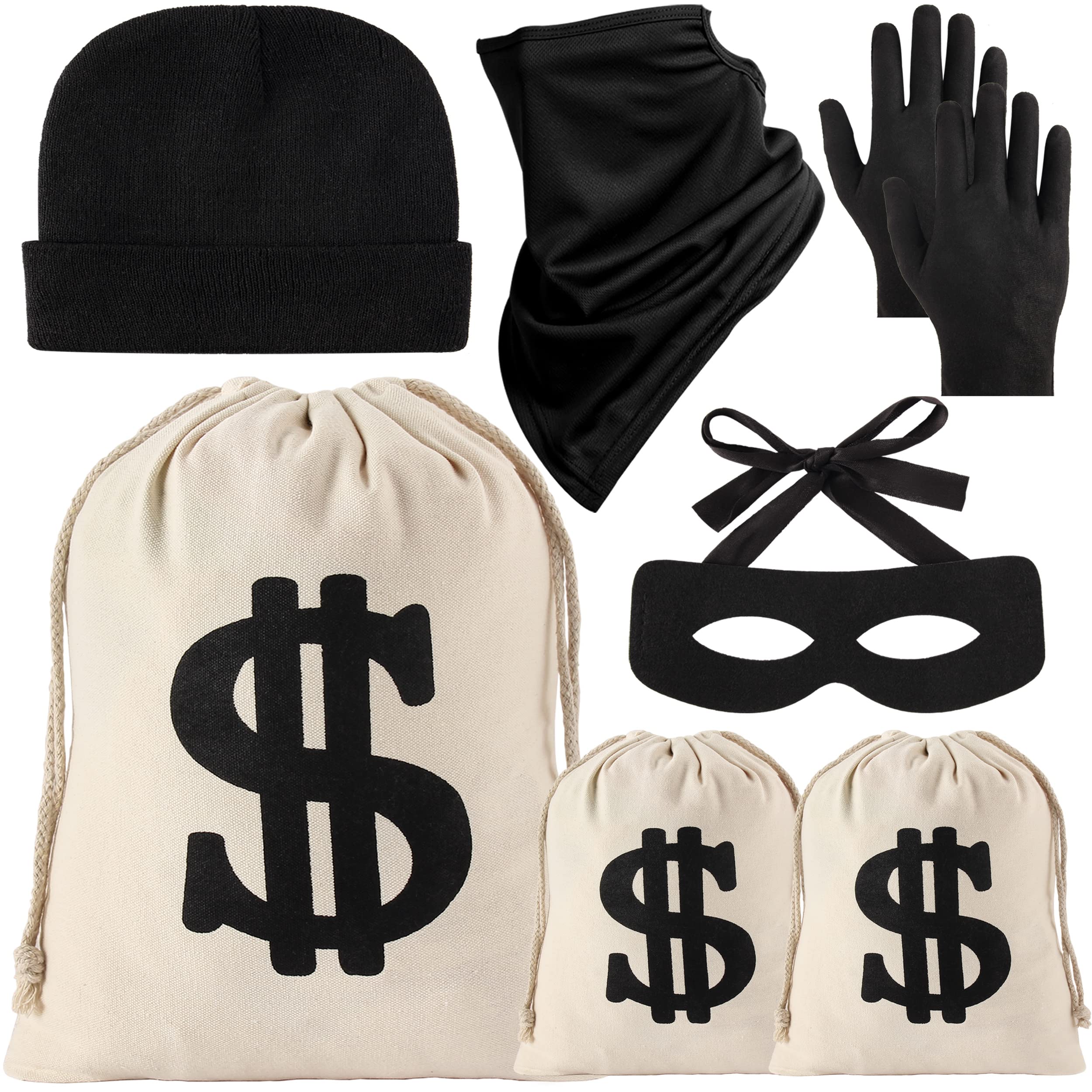 YAROMO 7 Pieces Robber Costume Set, Include Canvas Dollar Sign Money Bags Bandit Eye Mask Knit Beanie Cap for Halloween Cosplay Burglar Theme Party