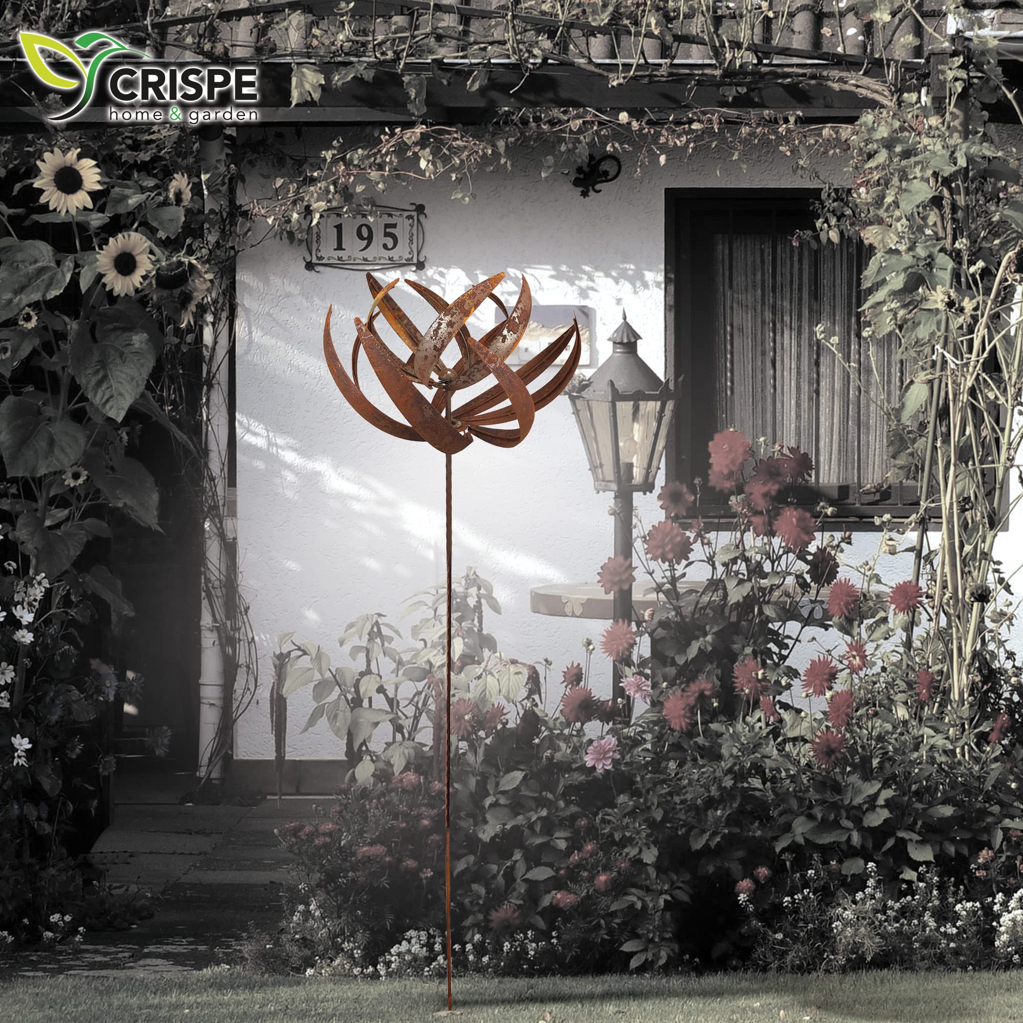 Metall Windrad 'Lotus' - massives Windspiel Windmühle für den Garten - wetterfest und standfest - mit besten Kugellagern - aus Vollmetall mit Edelrost-Patina – Höhe 221 cm
