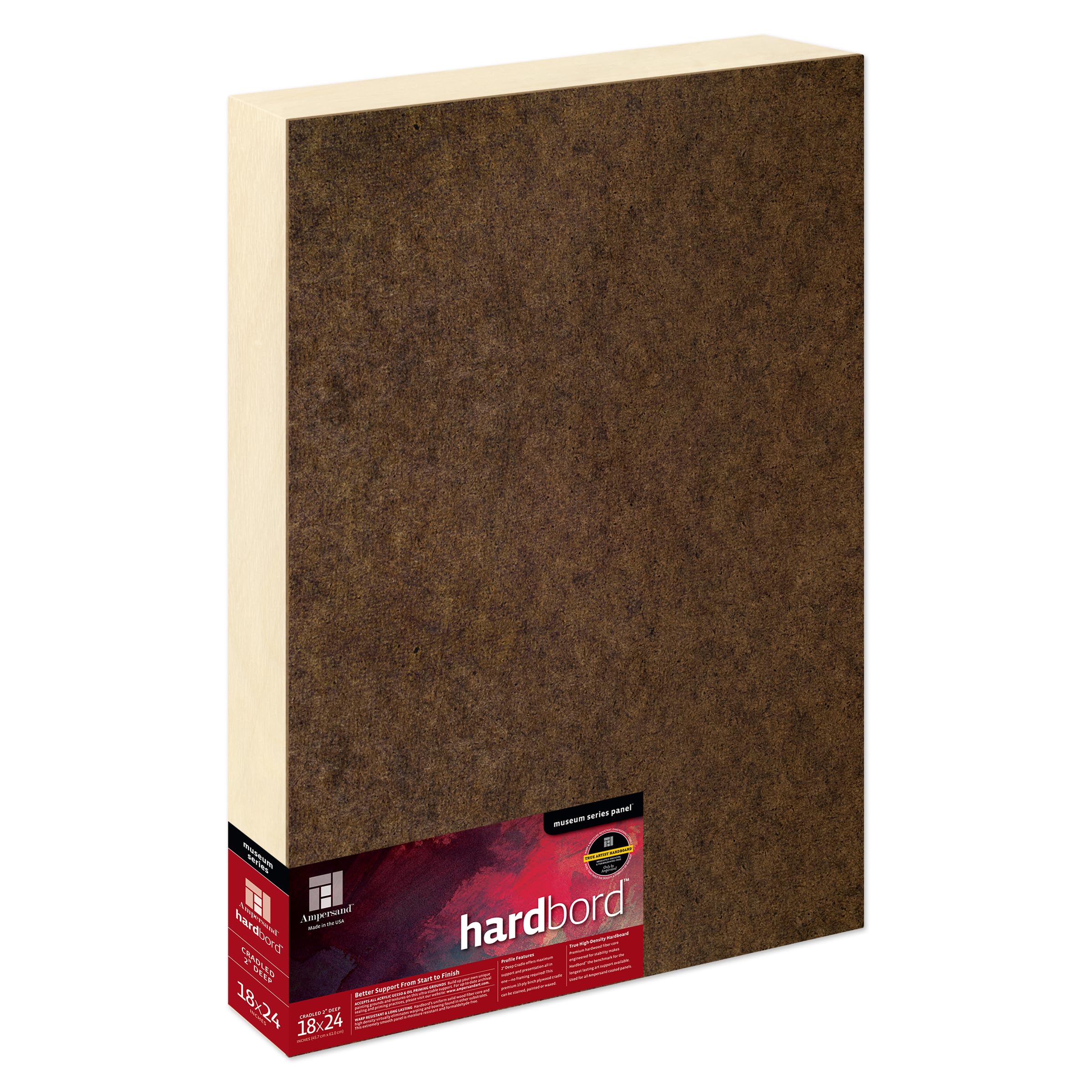 Ampersand Art Supply Hardboard Wood Painting Panel: Museum Series Hardbord, 18" x 24", 2 Inch Cradled Profile