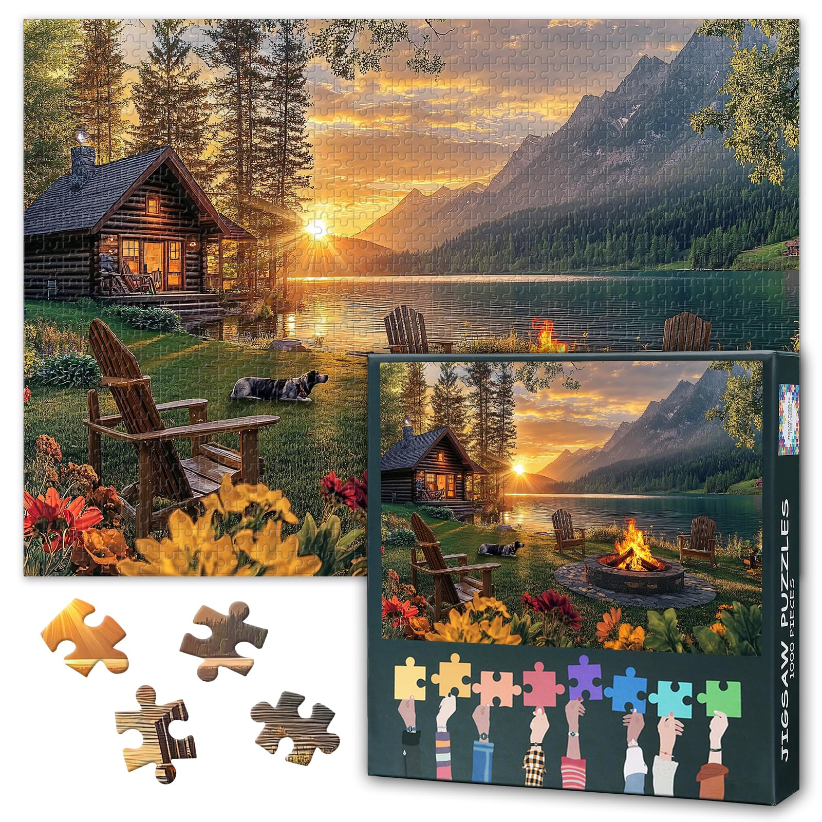 1000 Piece Puzzle for Adults, Jigsaw Puzzles for Adults 1000 Pieces - Lakeside Cabin with Glowing Campfire at Sunset - 27.5x19.7 In — image 1