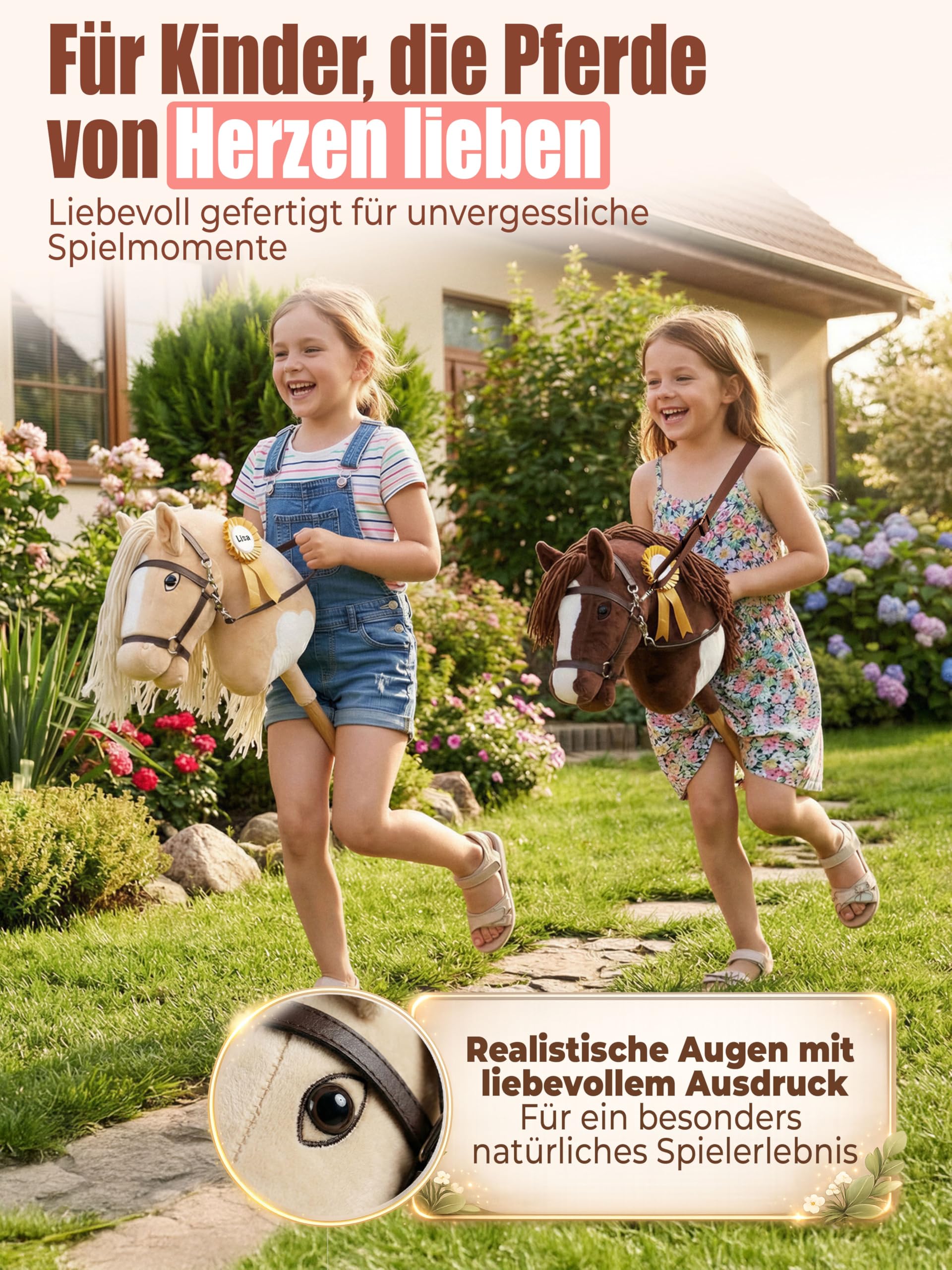 Hobby Horse Steckenpferd – Handgefertigtes Stockpferd für Kinder 4–12 Jahre - Realistisches Hobby Horsing Pferd mit verstellbarem Gurt & Turnierschleife (Braun & Weiß)