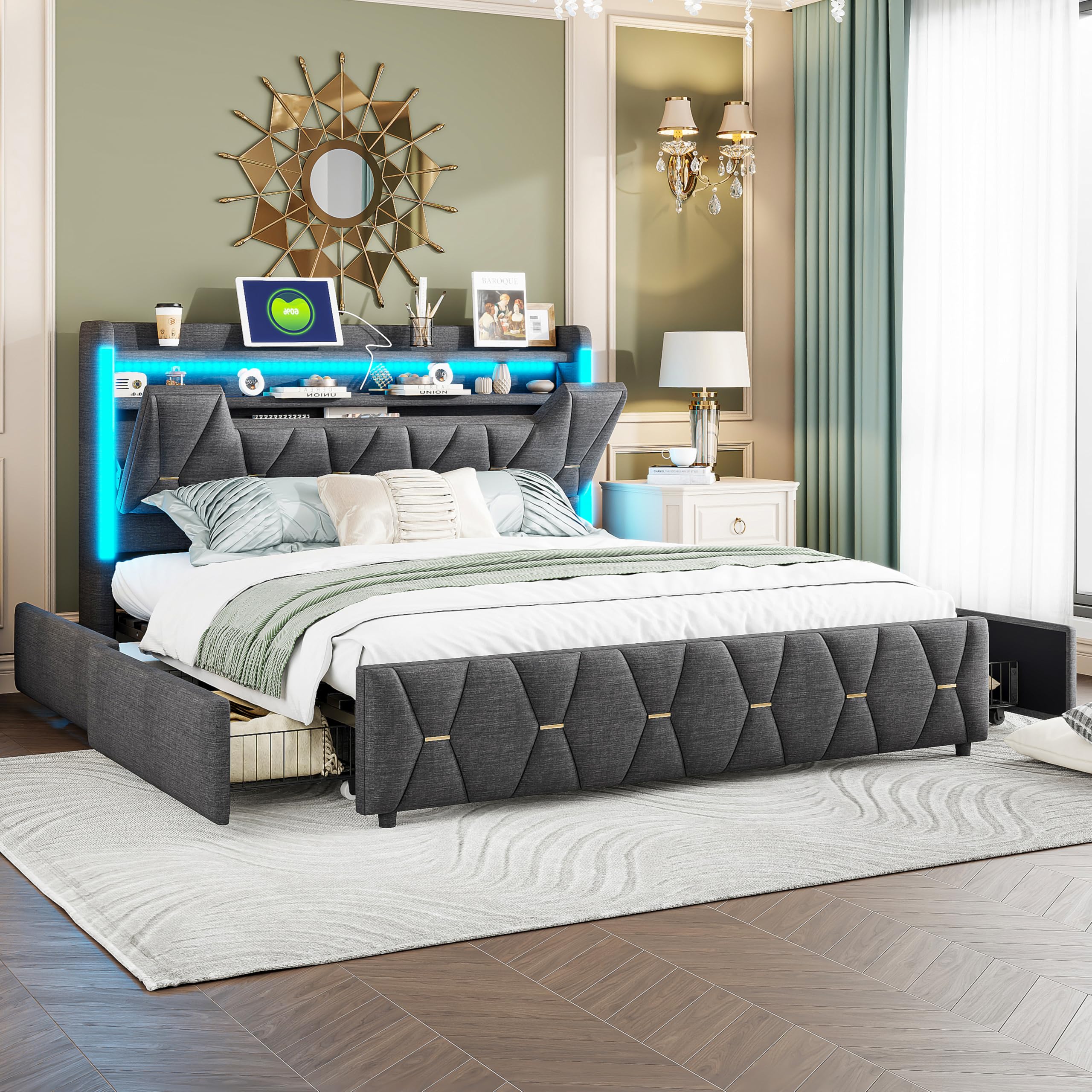 XMETPR Upholstered Double Bed 160 x 200 cm, Functional Bed Frame with LED Lightings & 4 Drawers & Storage Headboard & 1 Type-C/2 USB Charging Station, Wooden Slates, Linen Bed,Platform Bed,Noise-Free
