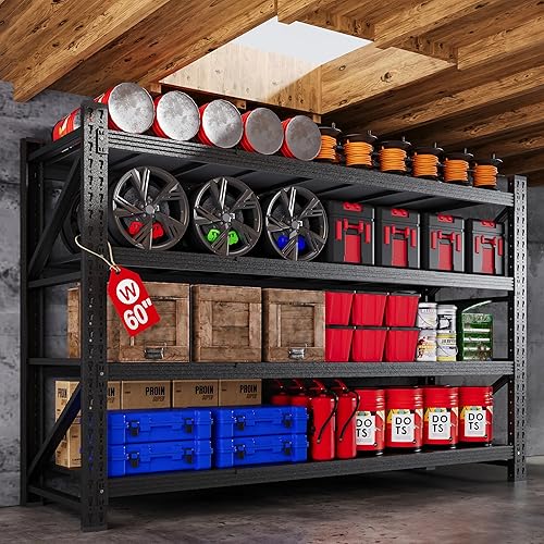 Estantería de garaje resistente de 60 pulgadas de ancho, estantes de almacenamiento de metal de 5000 libras, estante de almacenamiento de 4 niveles,