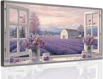 TIMUBA Rustic Farmhouse Floral Canvas Wall Art, Fake Window Flower Pictures for Bedroom Wall Decor, Vintage Rustic Barn Lavender Field Painting Print, Country Spring Purple Wildflower Artwork 32x16 In