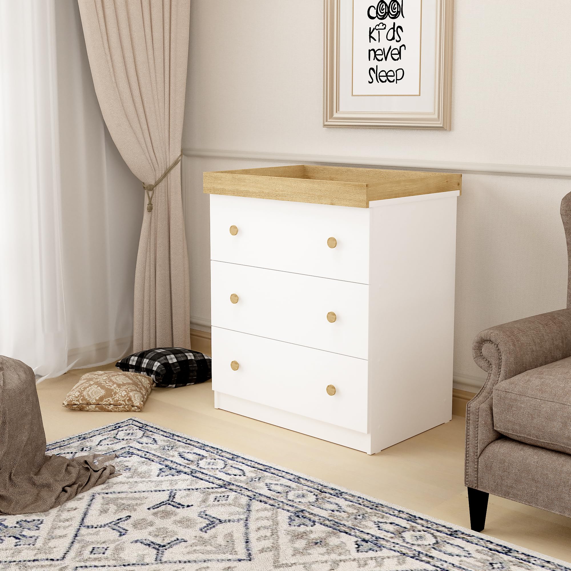 Tortora - Fasciatoio in legno laminato con superficie per il cambio del pannolino e 3 cassetti spaziosi. Disponibile in 3 diversi colori. Dimensioni LAP 80x89,5x53,2cm