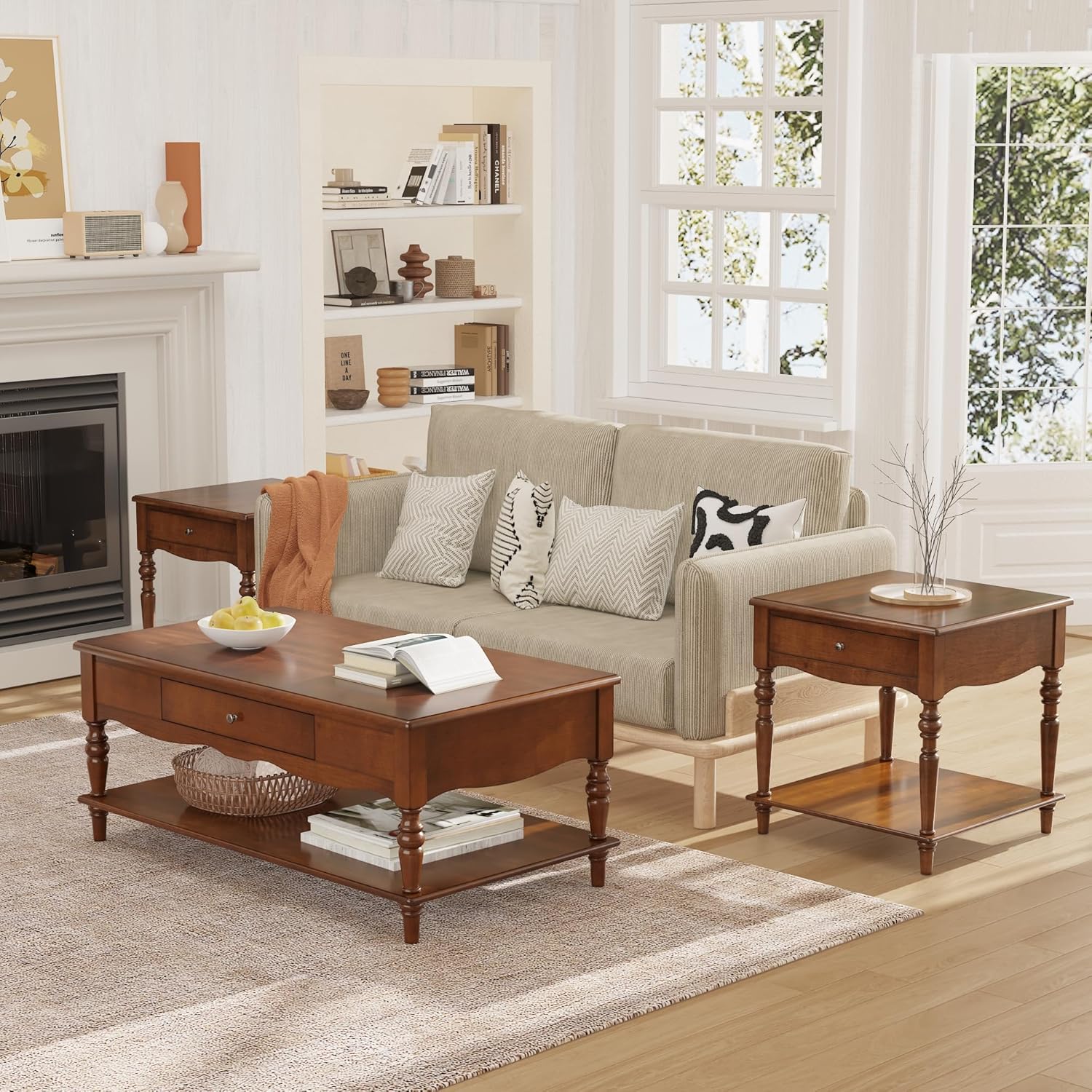 Living Room Table Set-One Rectangular Coffee Table and Two Square End Tables with Storage Drawer, Elegant Vintage Sofa Center Table with Wood Carved legs, No-Tools Assembly, Caramel Brown KFZ-CJZ-C008