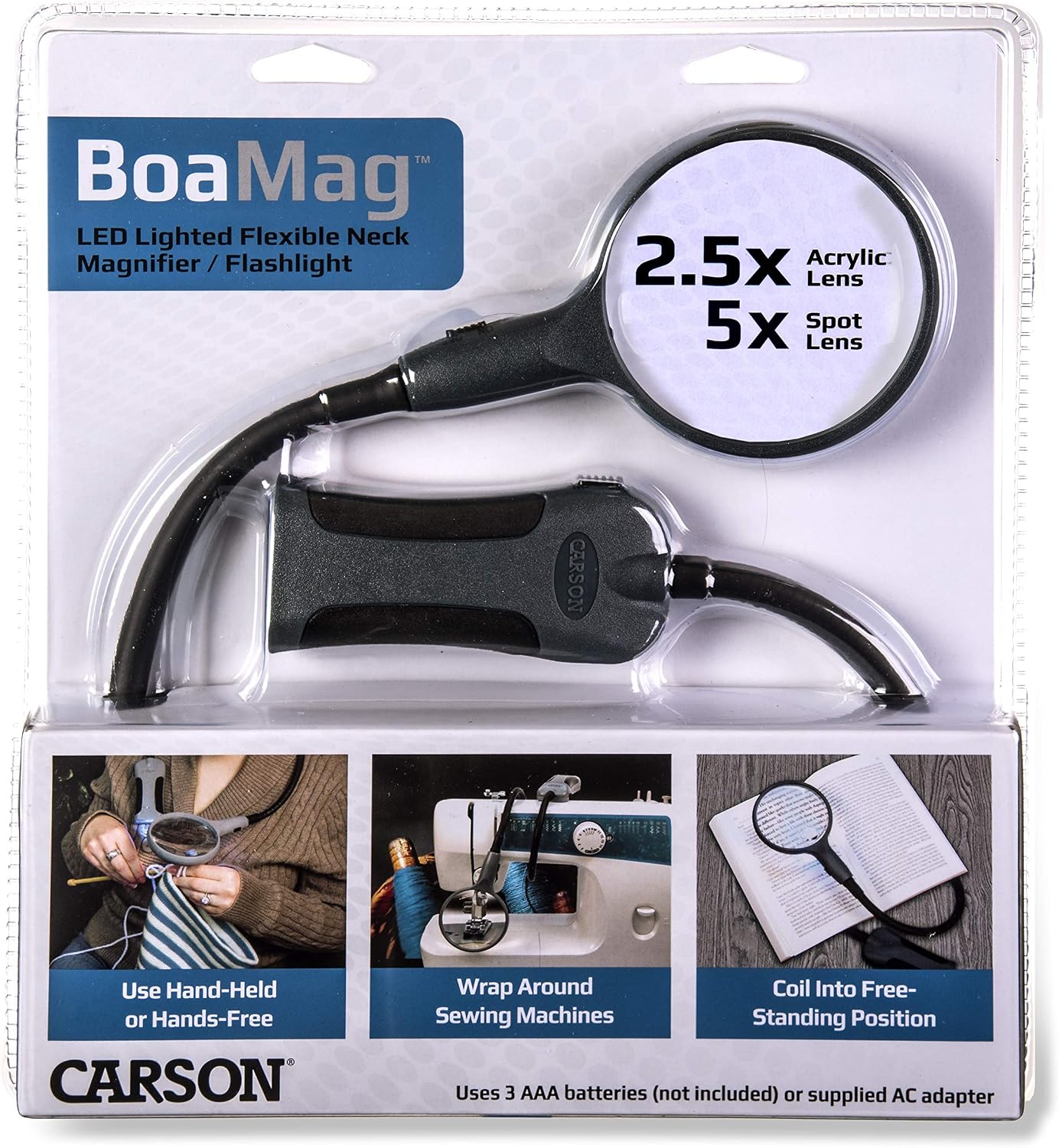 Carson BoaMag 2.5x LED Lighted Flexible Neck Magnifier with 5x Spot Lens and a Flashlight (SM-22)