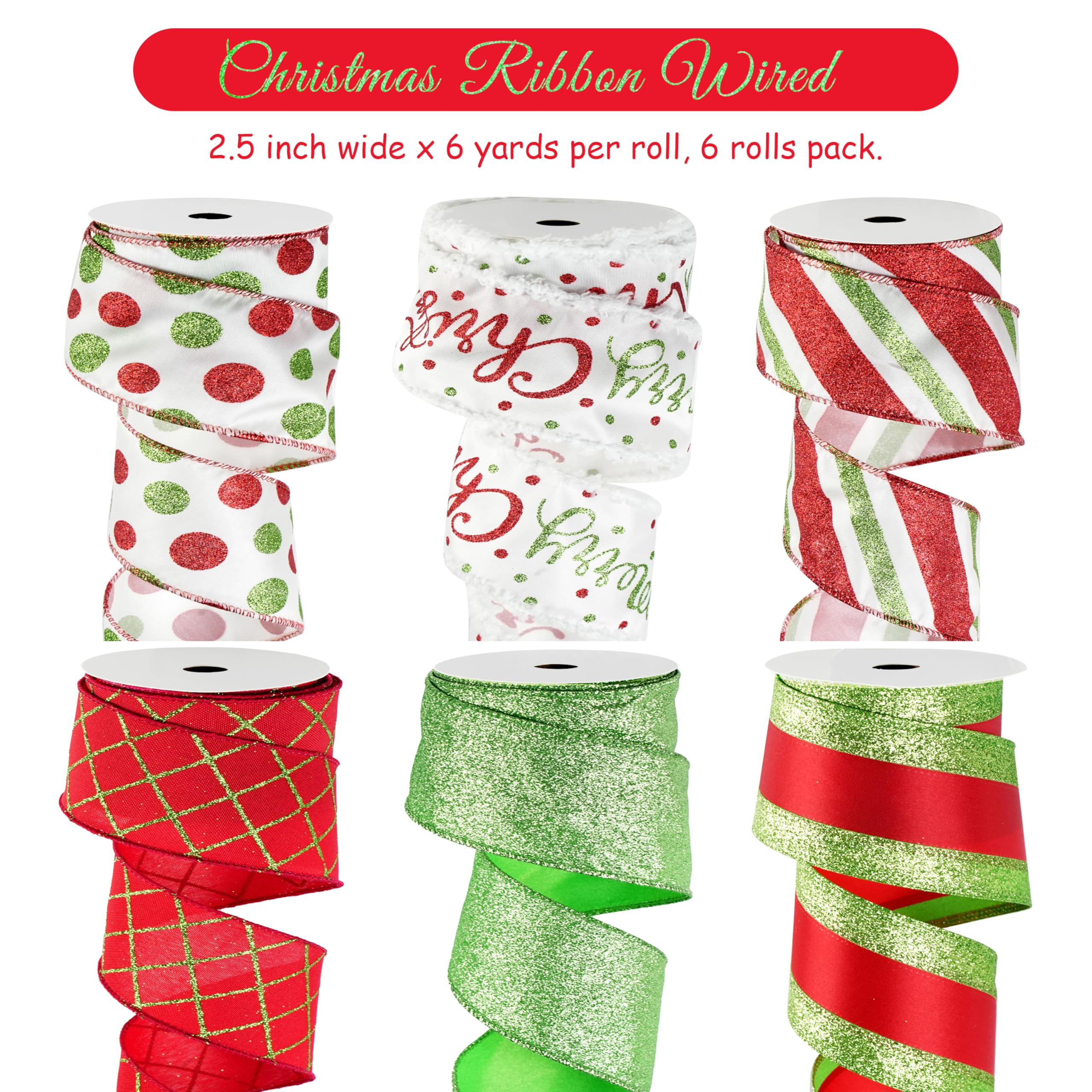 DINDOSAL Red and Lime Green Christmas Ribbon Wired 2.5